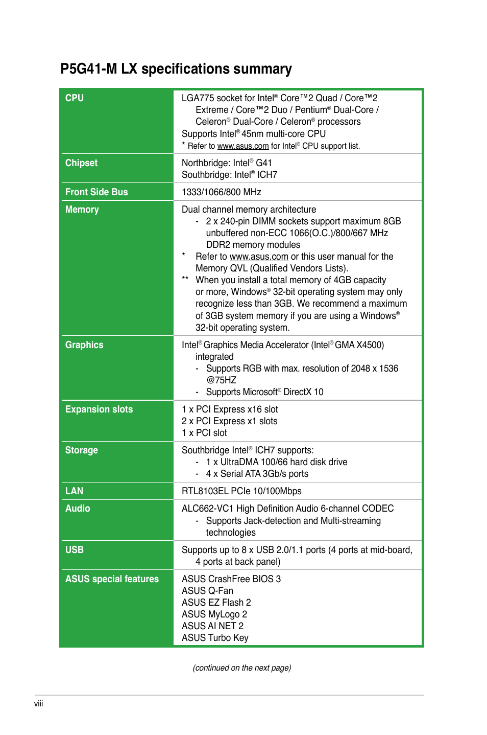 P5g41-m lx specifications summary | Asus P5G41-M LX User Manual | Page 8 / 40