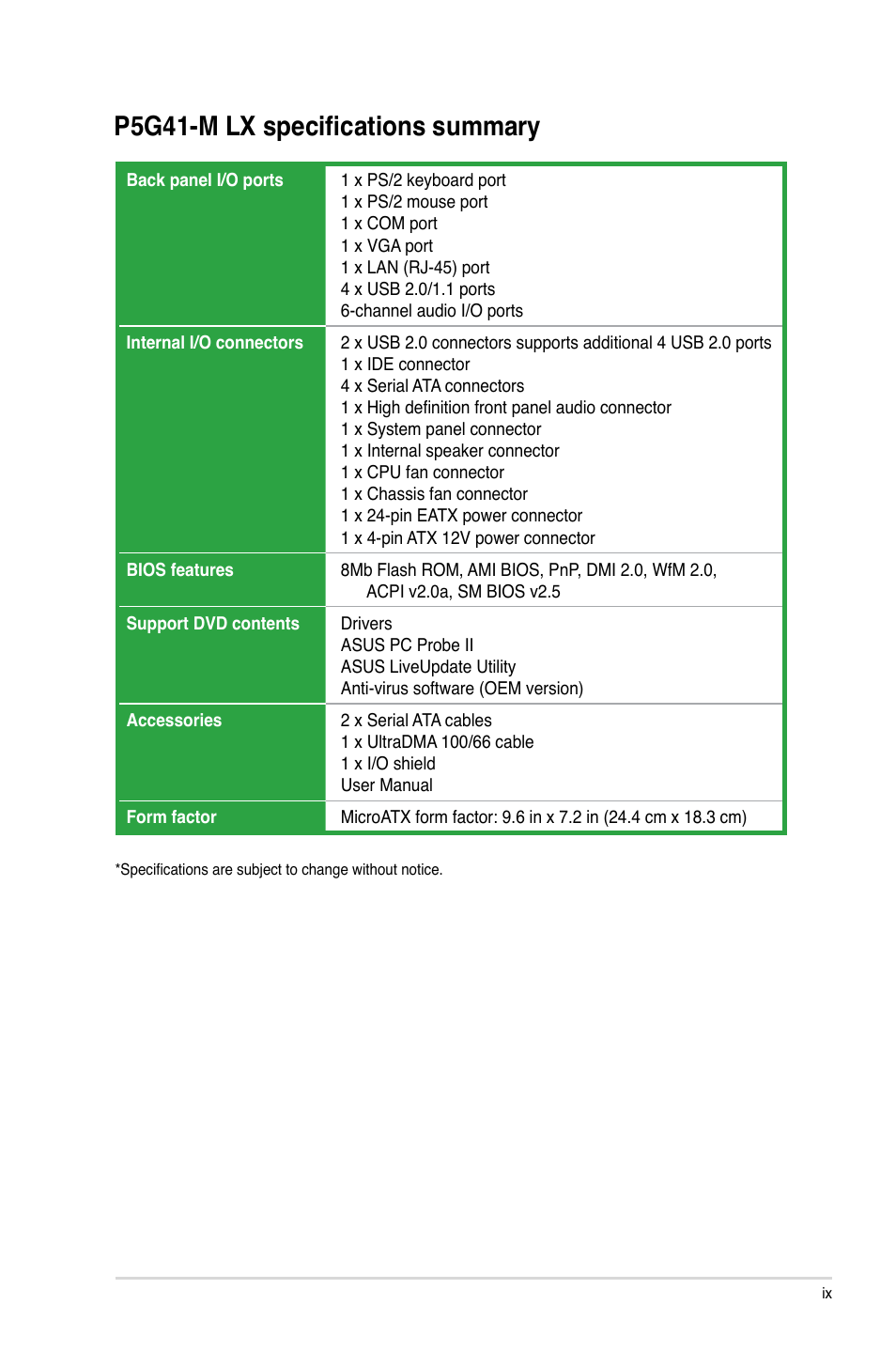 P5g41-m lx specifications summary | Asus P5G41-M LX User Manual | Page 9 / 40