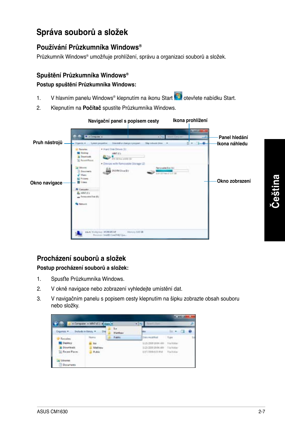 Če štin a če št in a, Správa souborů a složek | Asus CM1630 User Manual | Page 107 / 410