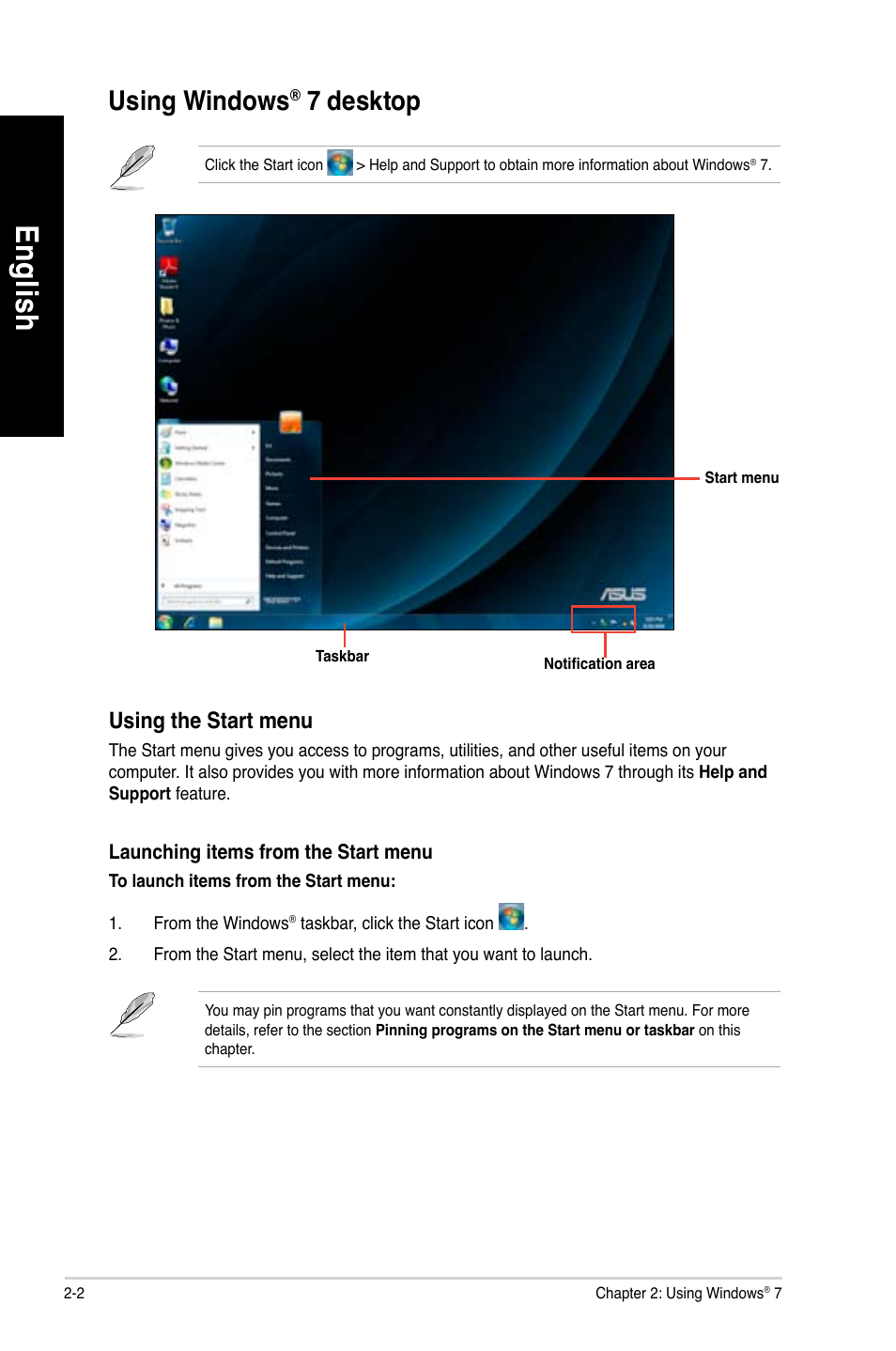 Using windows® 7 desktop, Using windows, 7 desktop -2 | En glis h en gl is h en glis h en gl is h, 7 desktop | Asus CM1630 User Manual | Page 20 / 410