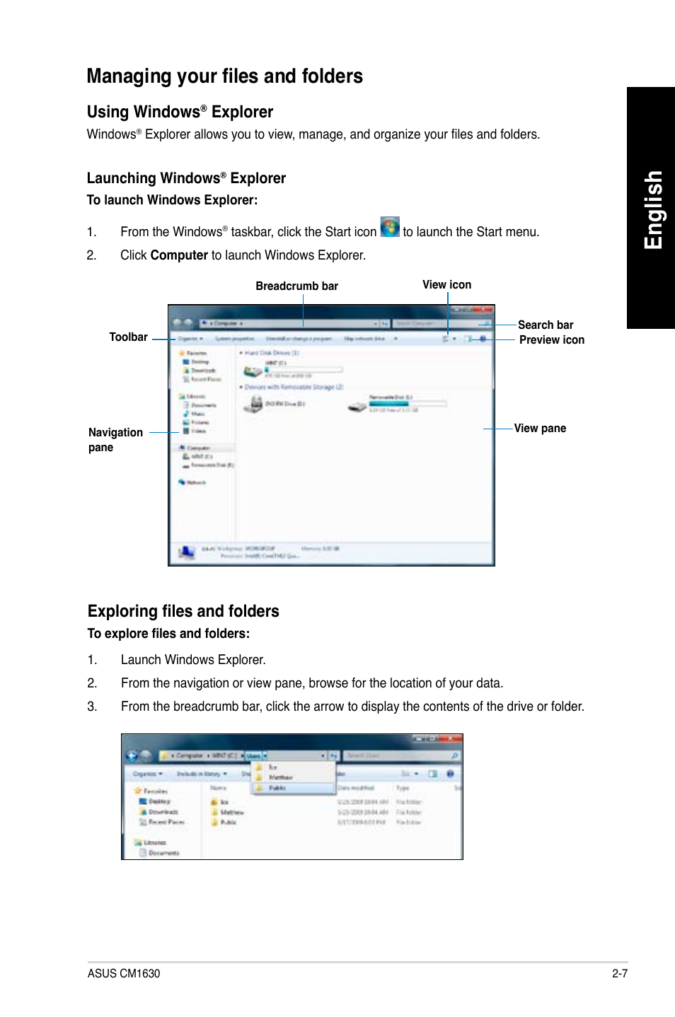 Managing your files and folders, Managing your files and folders -7, En glis h en gl is h | Asus CM1630 User Manual | Page 25 / 410