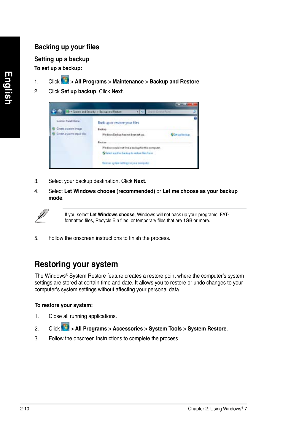 Restoring your system, Restoring your system -10, En glis h en gl is h en glis h en gl is h | Asus CM1630 User Manual | Page 28 / 410