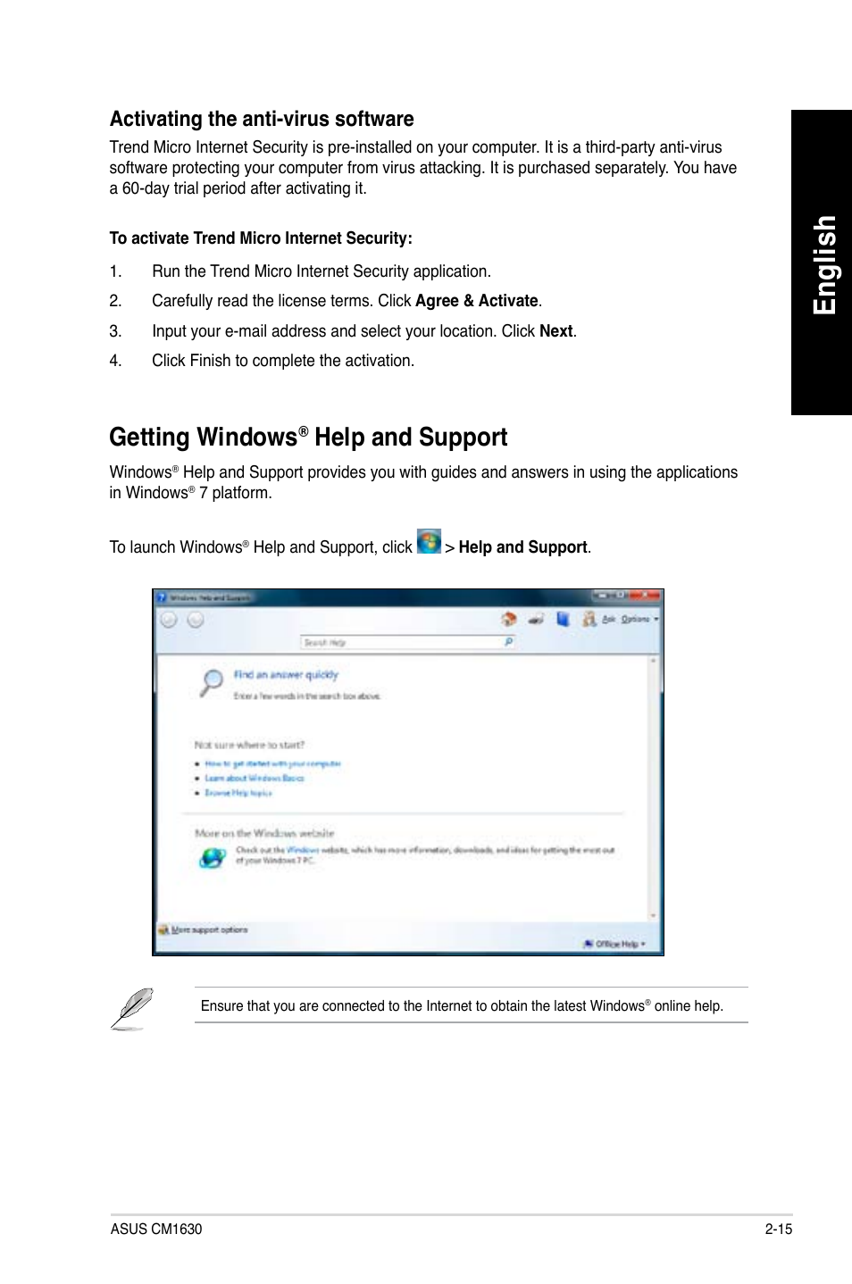 Getting windows® help and support, Getting windows, Help and support -15 | En glis h en gl is h, Help and support | Asus CM1630 User Manual | Page 33 / 410