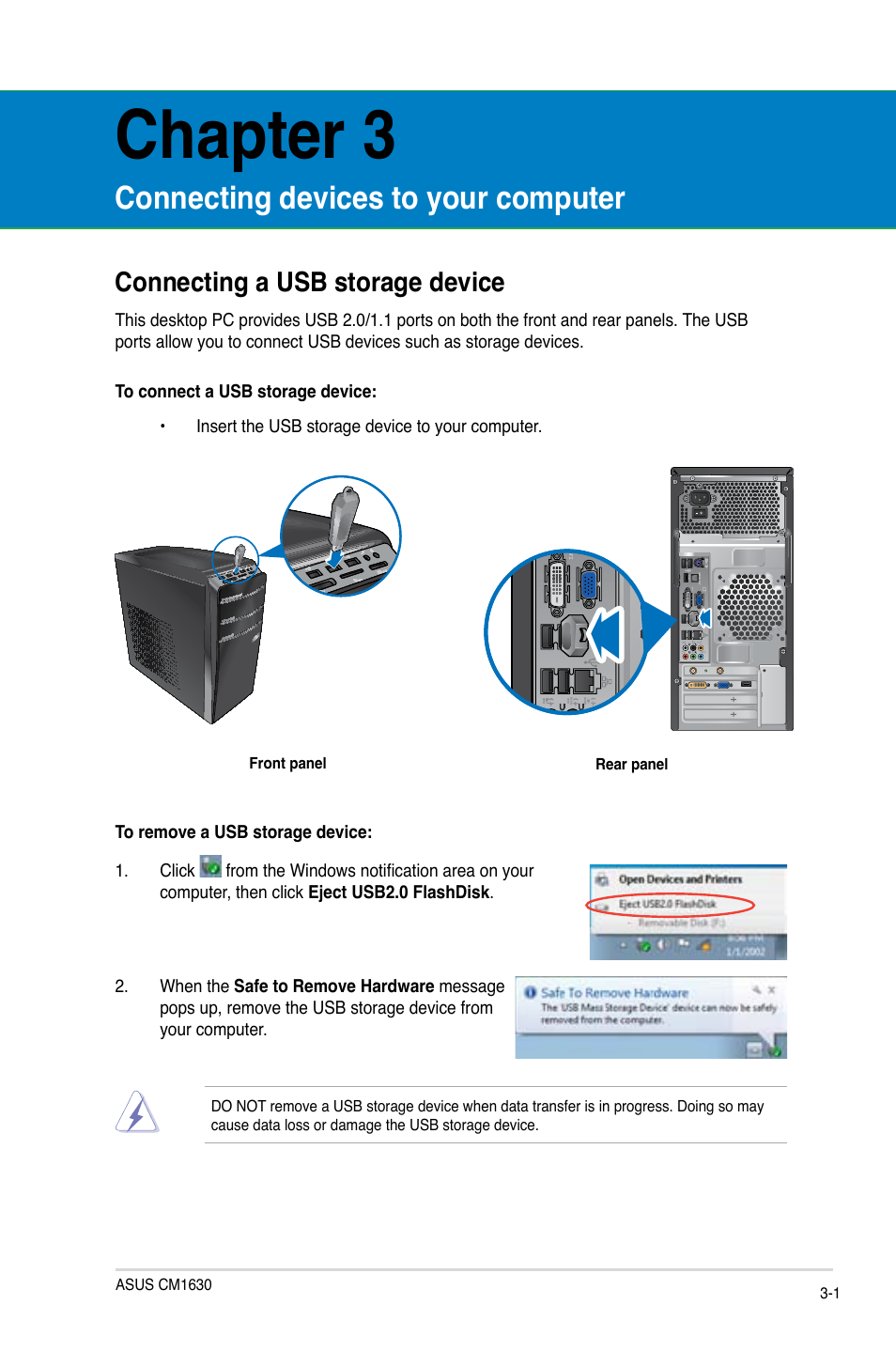 Chapter 3, Connecting devices to your computer, Connecting a usb storage device | Connecting a usb storage device -1 | Asus CM1630 User Manual | Page 35 / 410