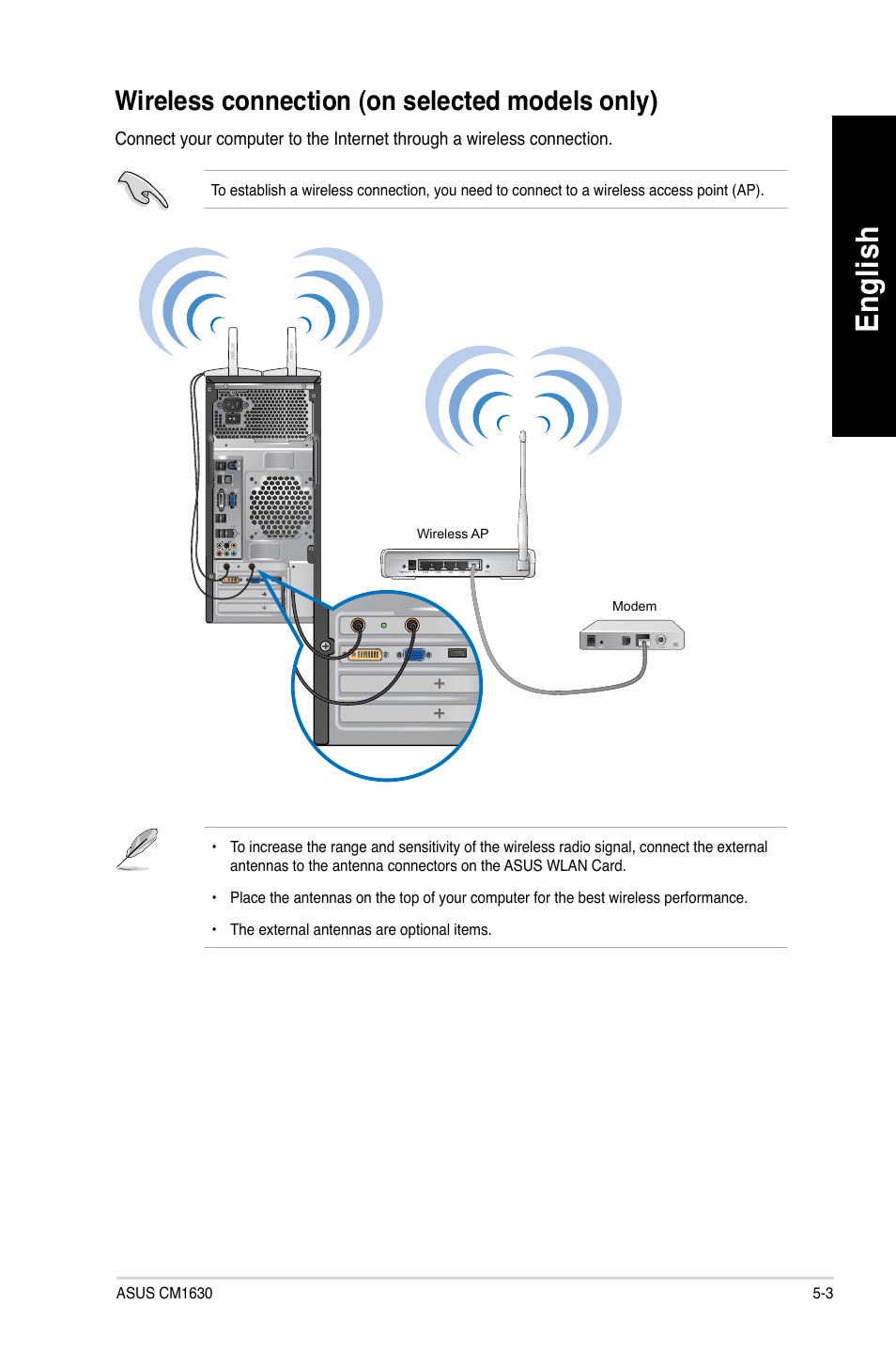 Wireless connection (on selected models only), Wireless connection (on selected models only) -3, En glis h en gl is h | Asus CM1630 User Manual | Page 53 / 410