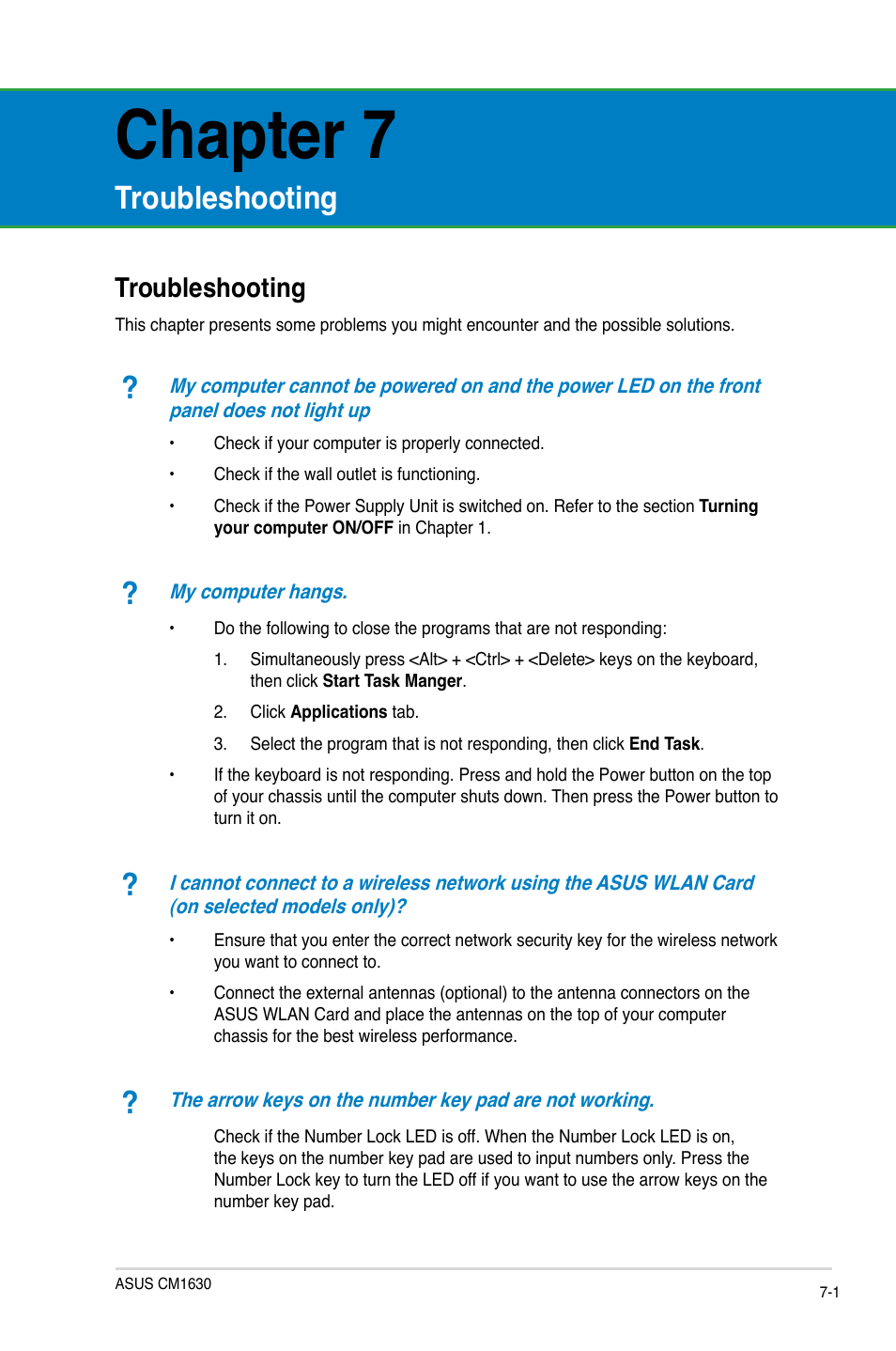 Chapter 7, Troubleshooting, Troubleshooting -1 | Asus CM1630 User Manual | Page 75 / 410