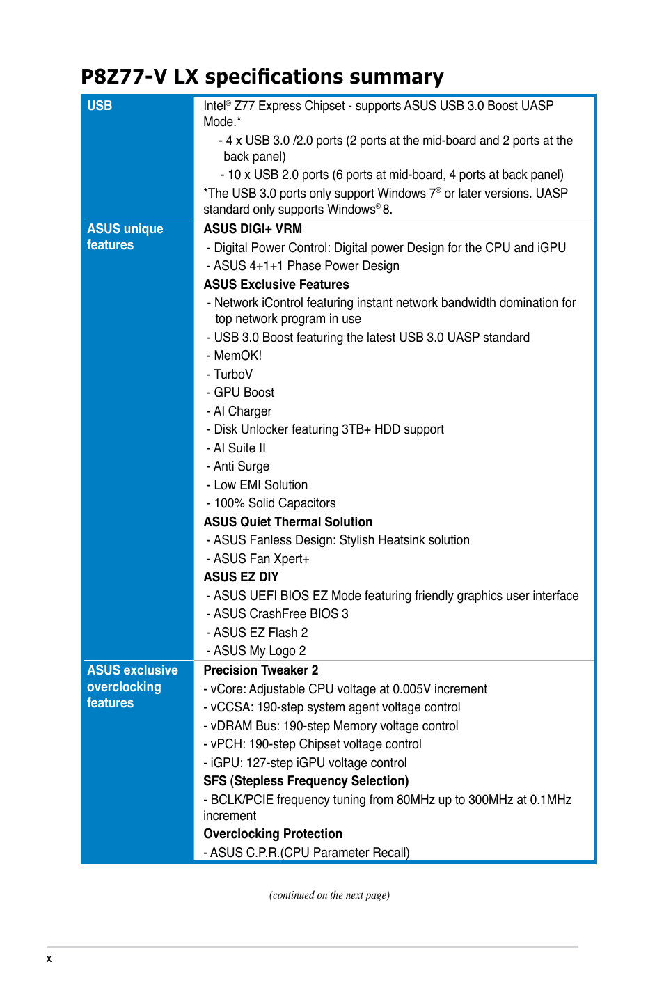 P8z77-v lx specifications summary | Asus P8Z77-V LX User Manual | Page 10 / 144