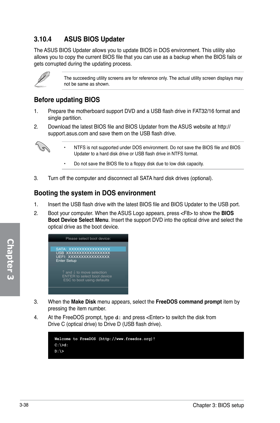 4 asus bios updater, Asus bios updater -38, Chapter 3 | Booting the system in dos environment, Before updating bios | Asus P8Z77-V LX User Manual | Page 100 / 144