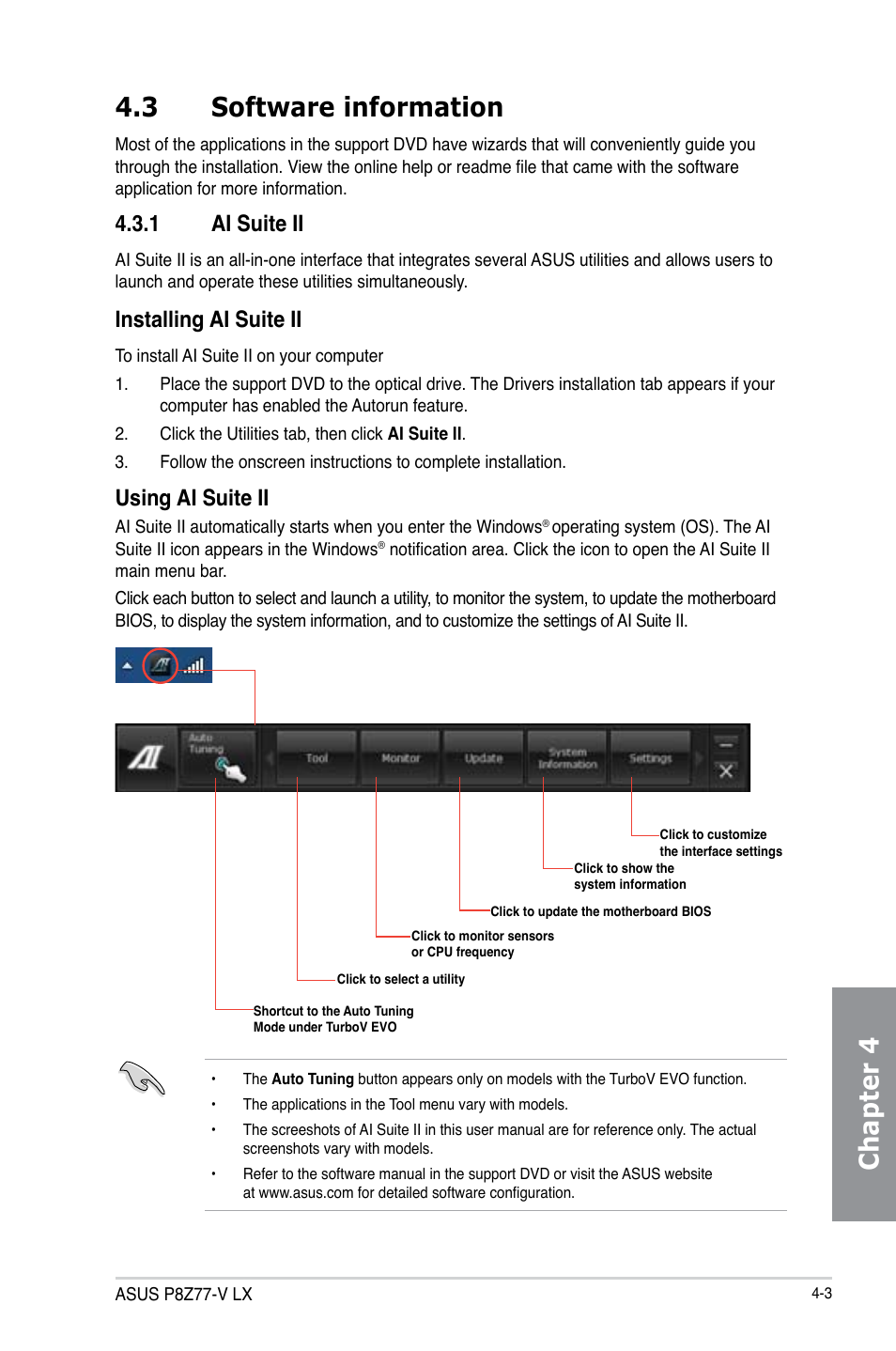 3 software information, 1 ai suite ii, Software information -3 4.3.1 | Ai suite ii -3, Chapter 4 4.3 software information, Installing ai suite ii, Using ai suite ii | Asus P8Z77-V LX User Manual | Page 105 / 144