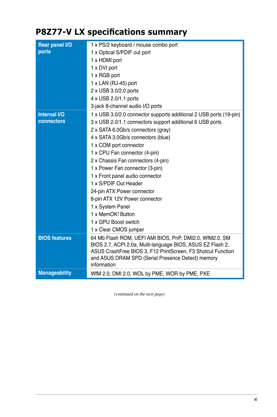 P8z77-v lx specifications summary | Asus P8Z77-V LX User Manual | Page 11 / 144