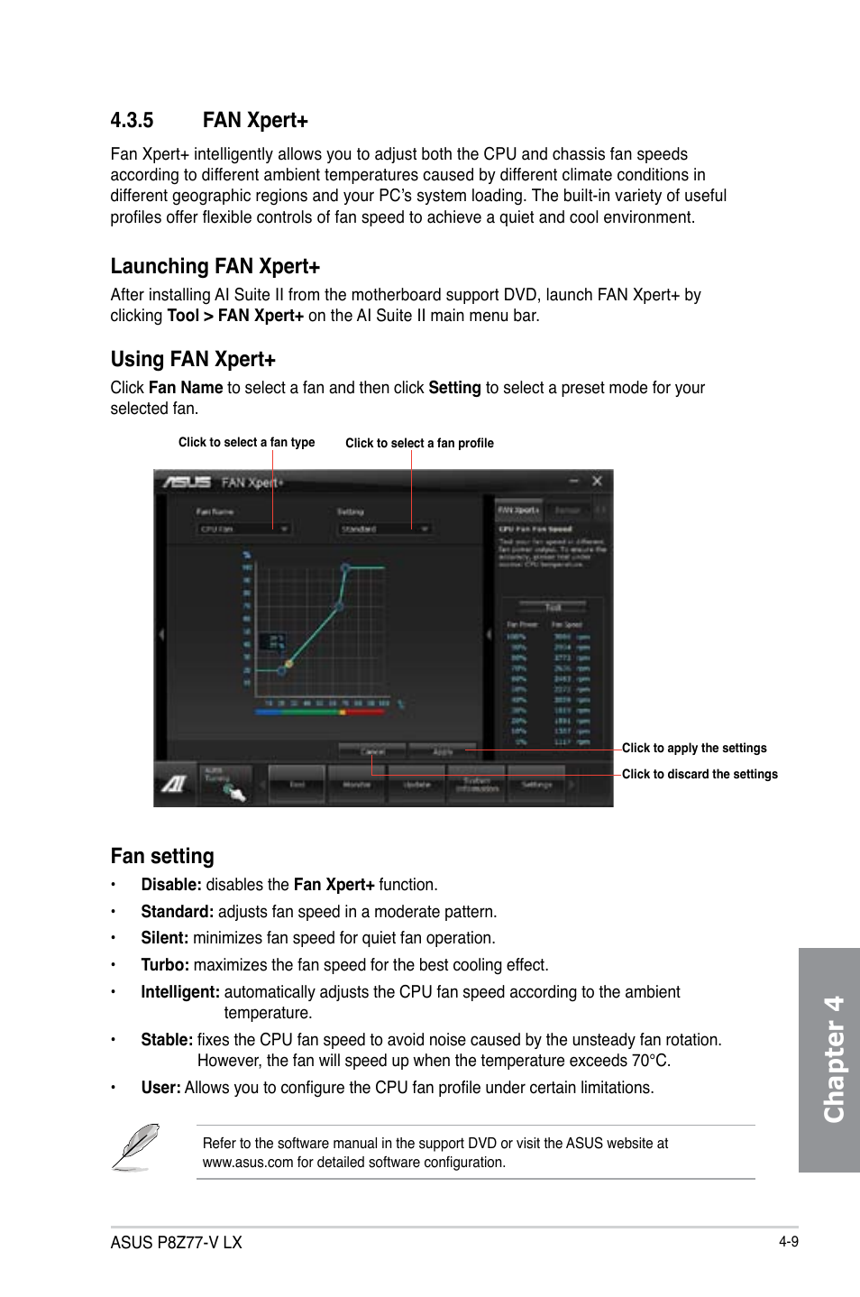 5 fan xpert, Fan xpert+ -9, Chapter 4 | Launching fan xpert, Fan setting, Using fan xpert | Asus P8Z77-V LX User Manual | Page 111 / 144