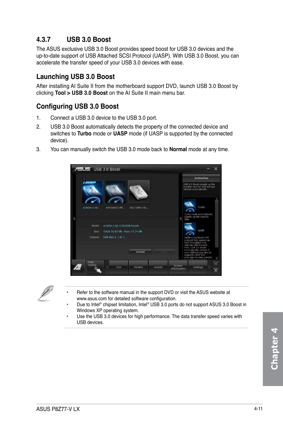 7 usb 3.0 boost, Usb 3.0 boost -11, Chapter 4 | Launching usb 3.0 boost, Configuring usb 3.0 boost | Asus P8Z77-V LX User Manual | Page 113 / 144