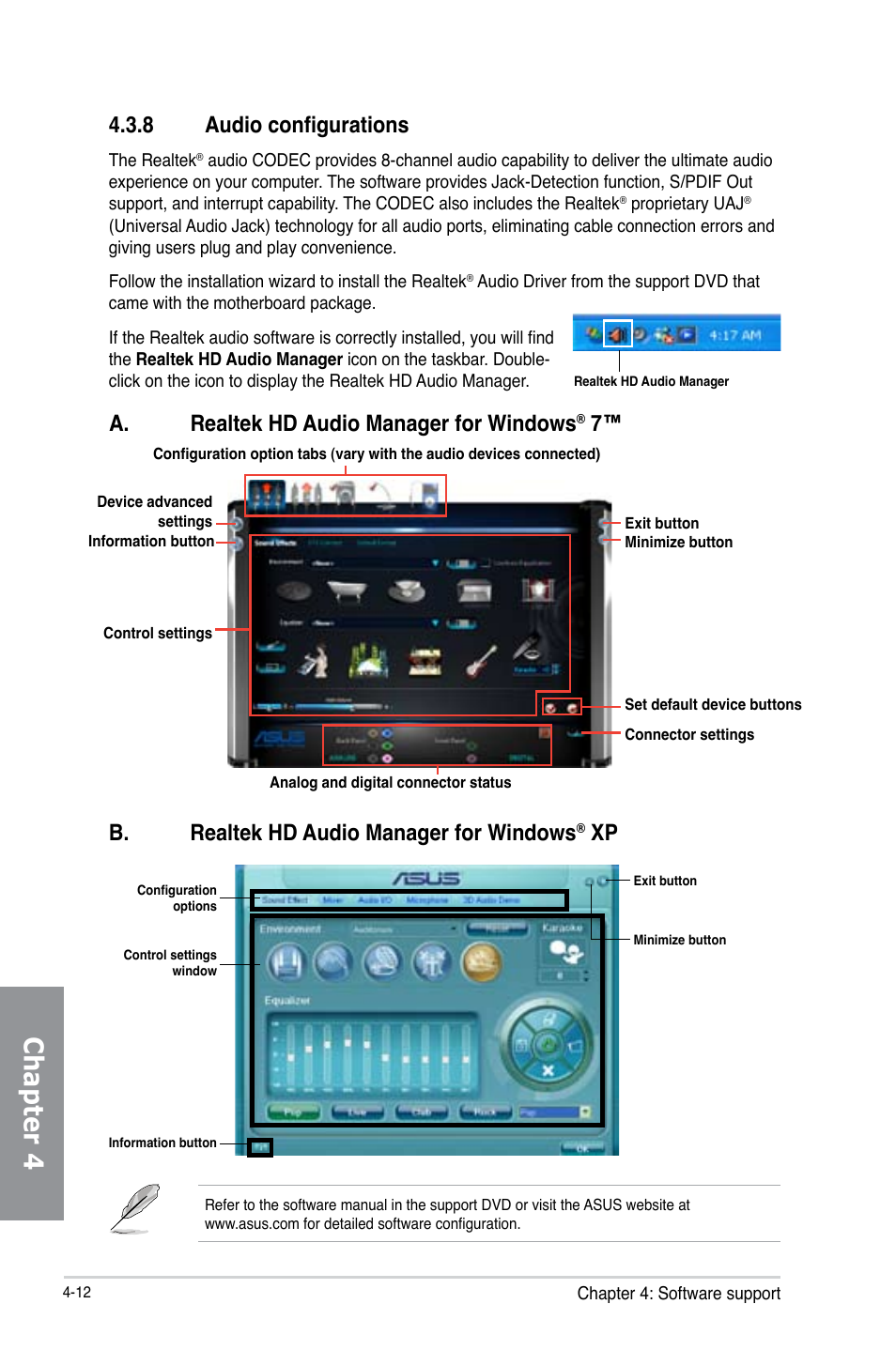 8 audio configurations, Audio configurations -12, Chapter 4 | B. realtek hd audio manager for windows, A. realtek hd audio manager for windows | Asus P8Z77-V LX User Manual | Page 114 / 144