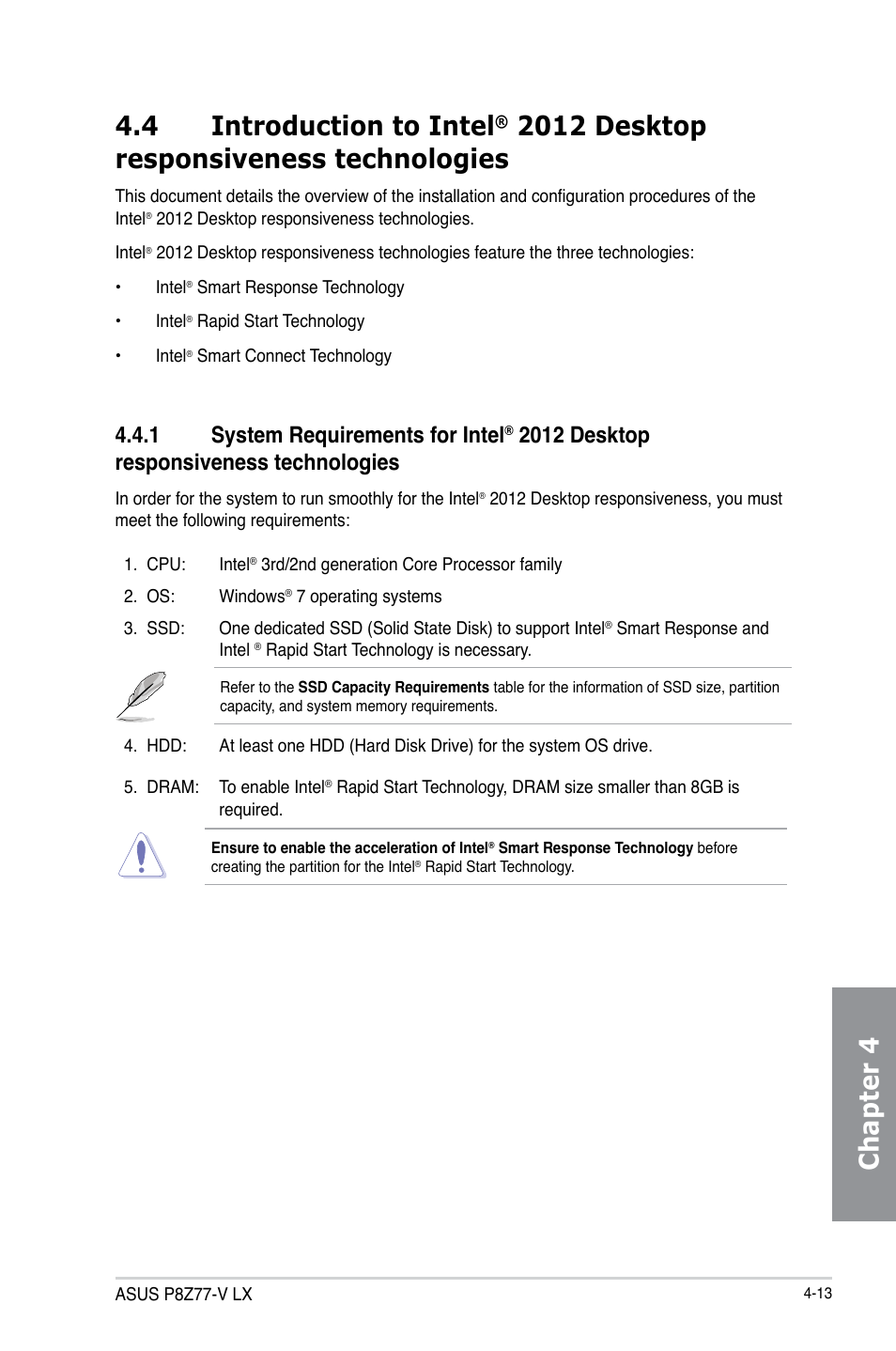 Introduction to intel, 2012 desktop responsiveness technologies -13, System requirements for intel | 2012 desktop responsiveness, Technologies -13, Chapter 4 4.4 introduction to intel, 2012 desktop responsiveness technologies, 1 system requirements for intel | Asus P8Z77-V LX User Manual | Page 115 / 144