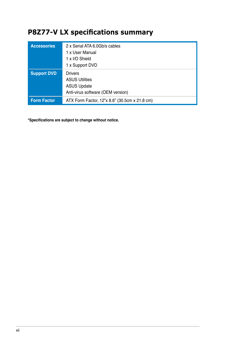 P8z77-v lx specifications summary | Asus P8Z77-V LX User Manual | Page 12 / 144