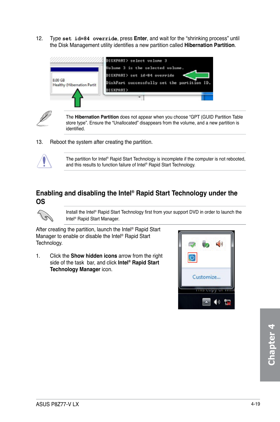 Chapter 4, Enabling and disabling the intel, Rapid start technology under the os | Asus P8Z77-V LX User Manual | Page 121 / 144