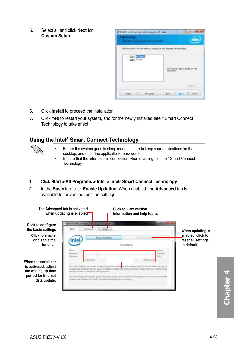 Chapter 4, Using the intel, Smart connect technology | Asus P8Z77-V LX User Manual | Page 125 / 144