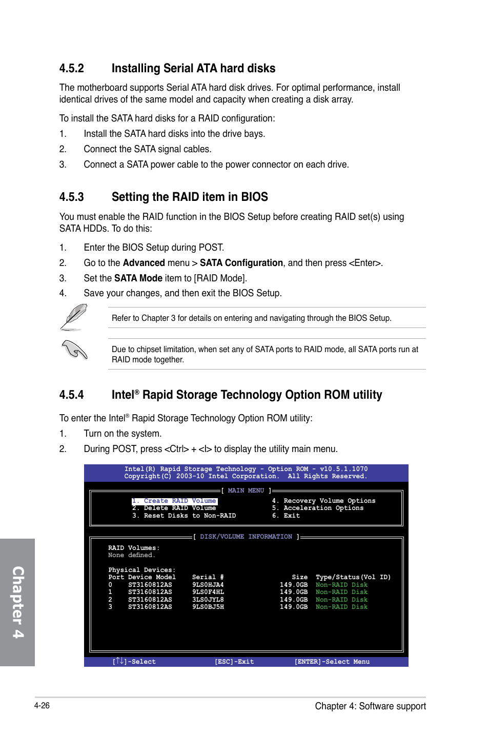 2 installing serial ata hard disks, 3 setting the raid item in bios, Installing serial ata hard disks -26 | Setting the raid item in bios -26, Intel, Rapid storage technology option rom utility -26, Chapter 4, 4 intel, Rapid storage technology option rom utility | Asus P8Z77-V LX User Manual | Page 128 / 144