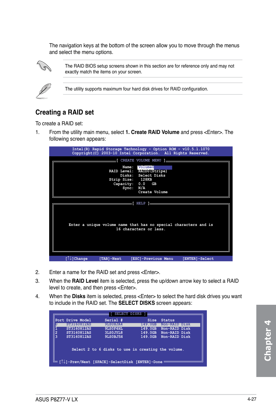 Chapter 4, Creating a raid set | Asus P8Z77-V LX User Manual | Page 129 / 144