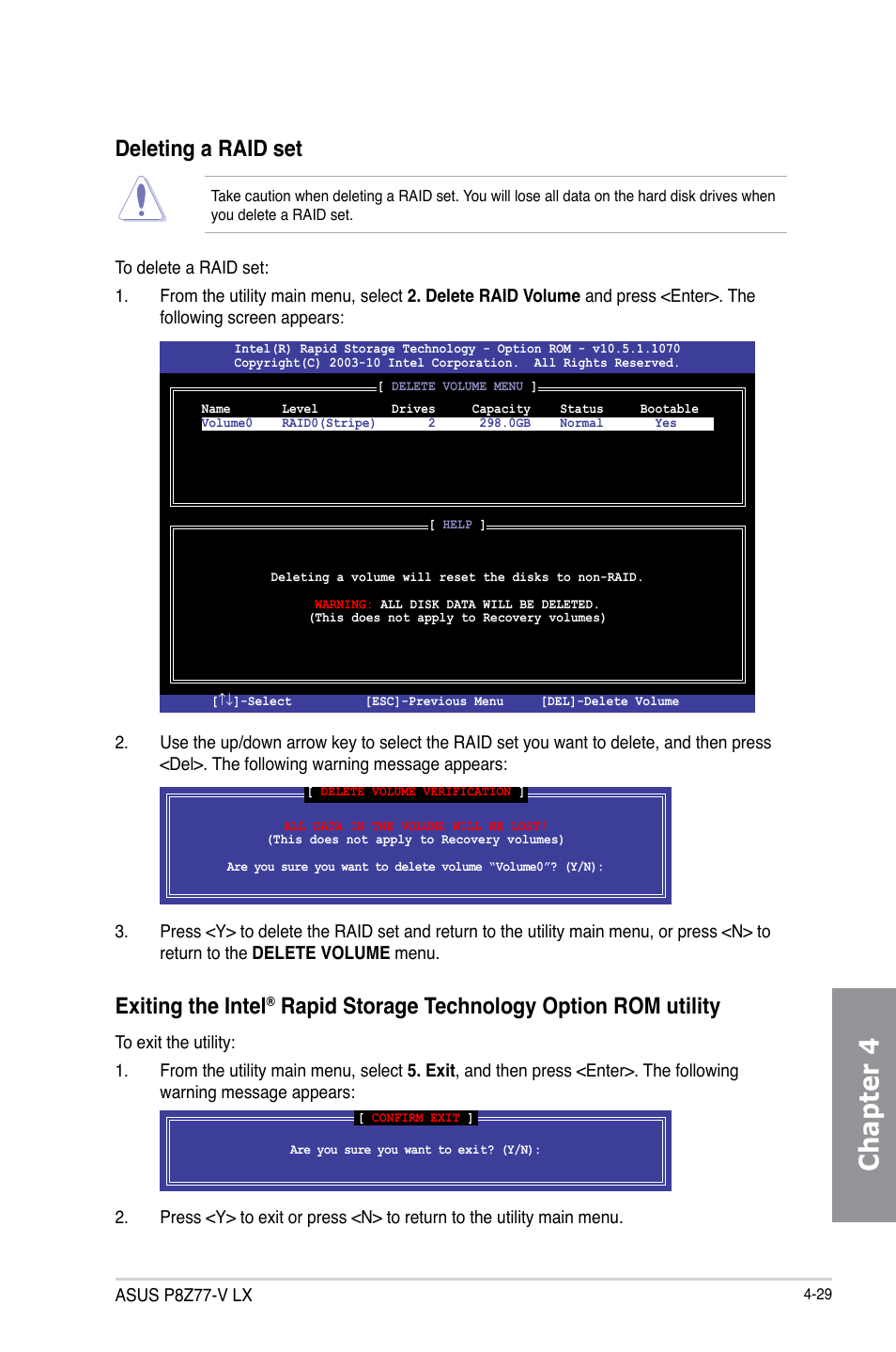 Chapter 4, Deleting a raid set, Exiting the intel | Rapid storage technology option rom utility | Asus P8Z77-V LX User Manual | Page 131 / 144