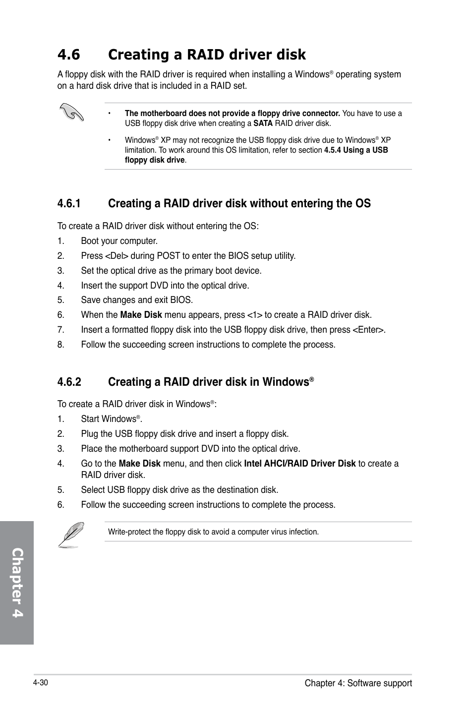 6 creating a raid driver disk, 2 creating a raid driver disk in windows, Creating a raid driver disk -30 4.6.1 | Creating a raid driver disk in windows, Chapter 4 4.6 creating a raid driver disk | Asus P8Z77-V LX User Manual | Page 132 / 144