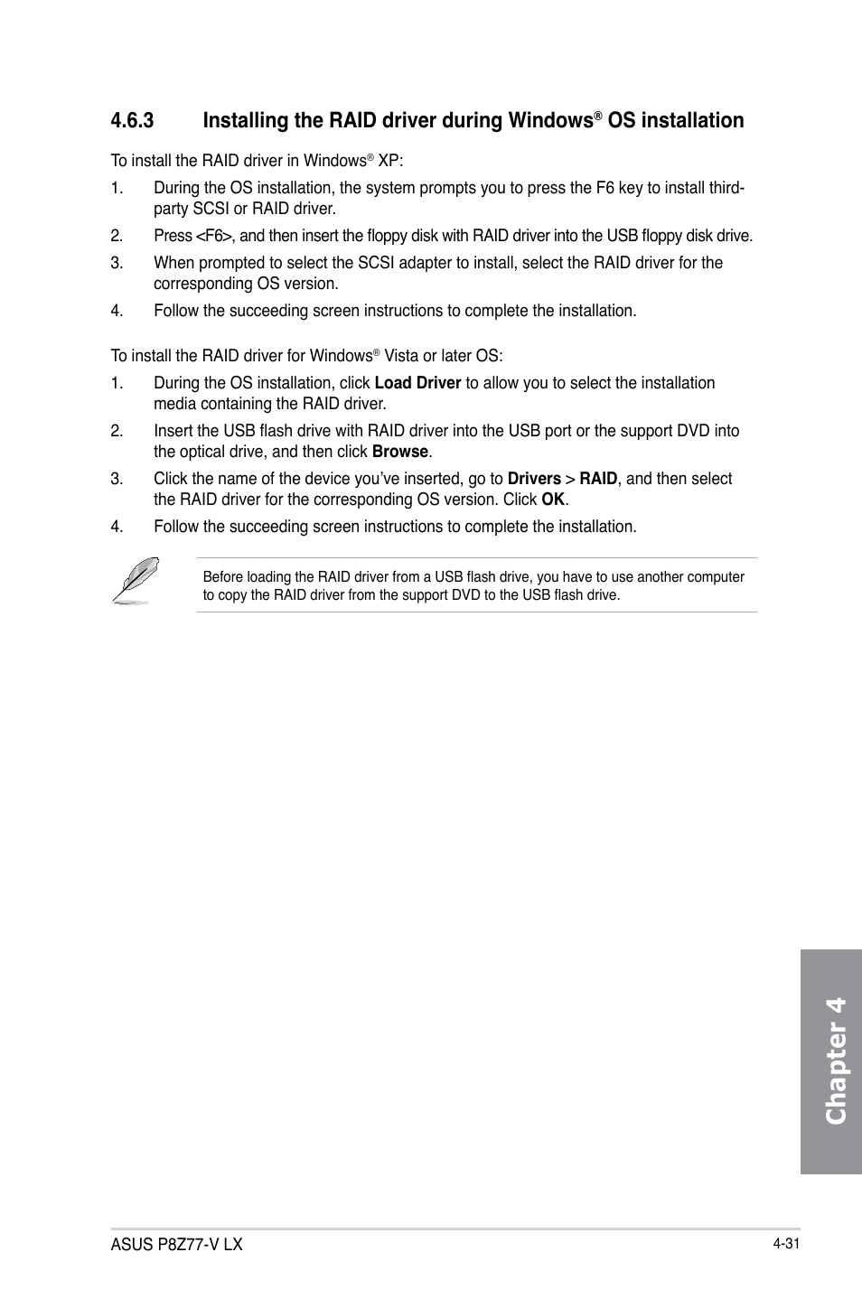 Installing the raid driver during windows, Os installation -31, Chapter 4 | 3 installing the raid driver during windows, Os installation | Asus P8Z77-V LX User Manual | Page 133 / 144