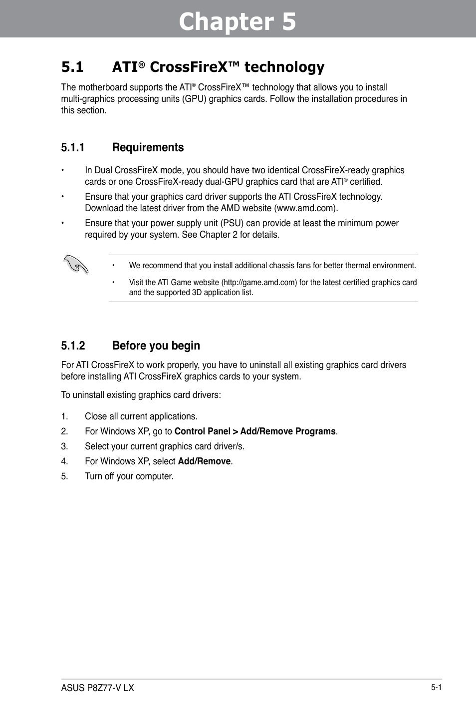 Chapter 5: multiple gpu technology support, 1 ati® crossfirex™ technology, 1 requirements | 2 before you begin, Chapter 5, Multiple gpu technology support, Crossfirex™ technology -1, Requirements -1, Before you begin -1, 1 ati | Asus P8Z77-V LX User Manual | Page 137 / 144