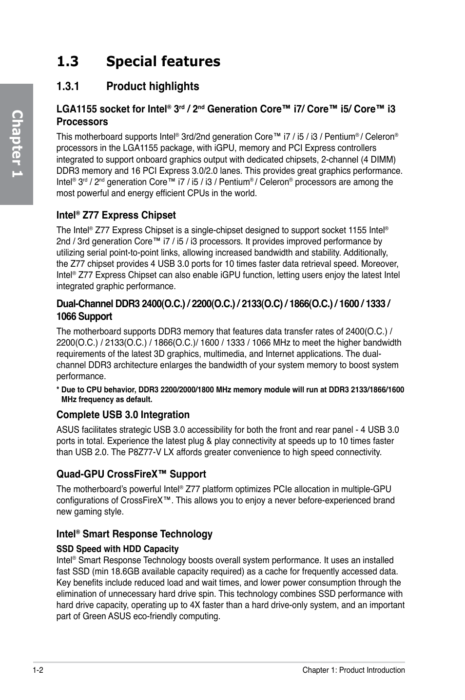 3 special features, 1 product highlights, Special features -2 1.3.1 | Product highlights -2, Chapter 1 1.3 special features | Asus P8Z77-V LX User Manual | Page 14 / 144