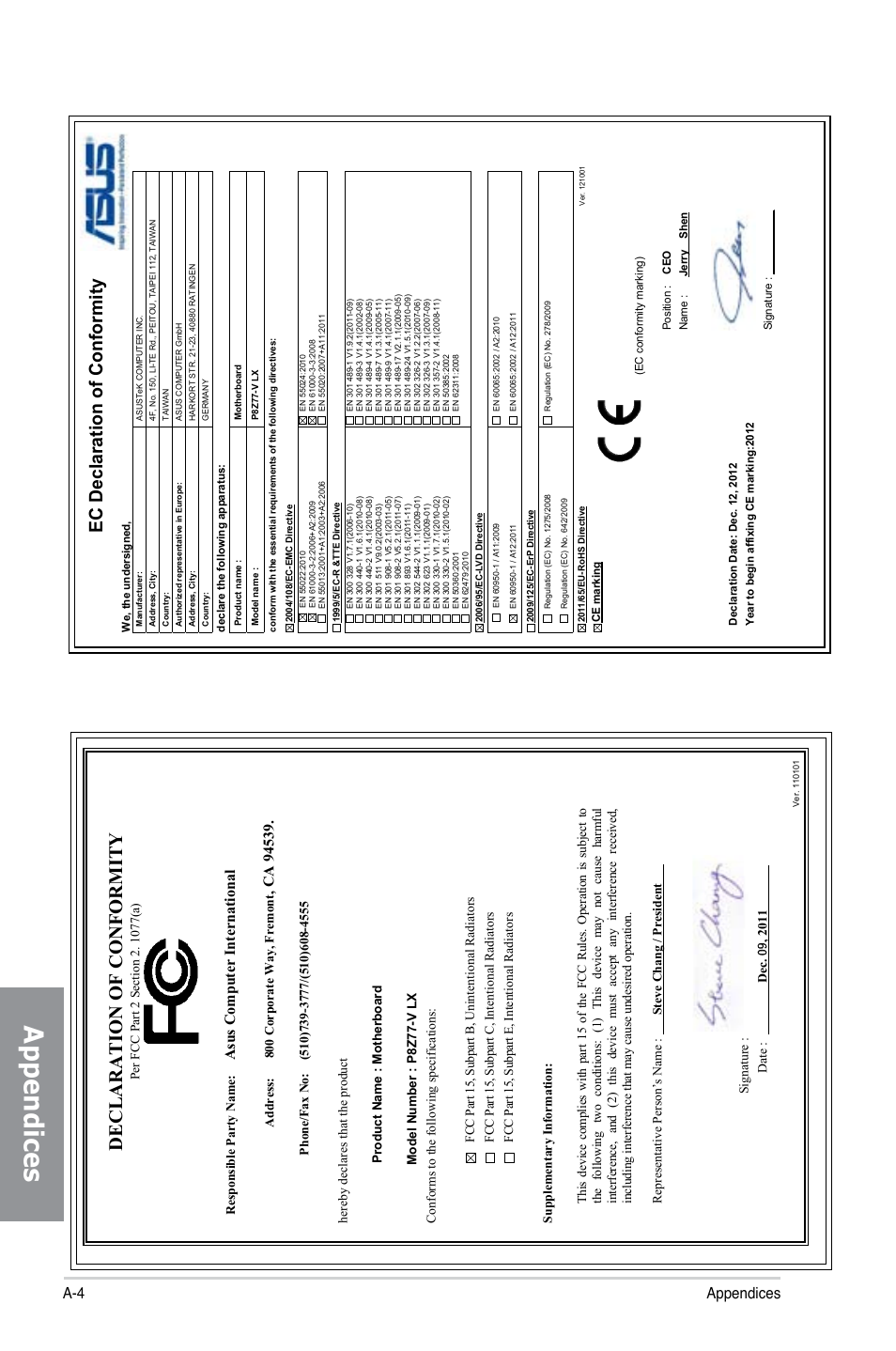 Appendices, Declaration of conformity, Ec declaration of conformity | A-4 appendices, Asu s c om pu te r in te rn at io na l | Asus P8Z77-V LX User Manual | Page 144 / 144