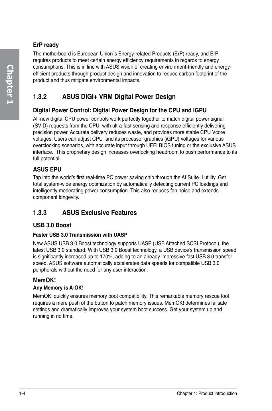 2 asus digi+ vrm digital power design, 3 asus exclusive features, Asus digi+ vrm digital power design -4 | Asus exclusive features -4, Chapter 1 | Asus P8Z77-V LX User Manual | Page 16 / 144