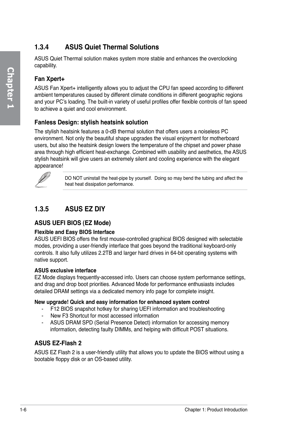 4 asus quiet thermal solutions, 5 asus ez diy, Asus quiet thermal solutions -6 | Asus ez diy -6, Chapter 1 | Asus P8Z77-V LX User Manual | Page 18 / 144