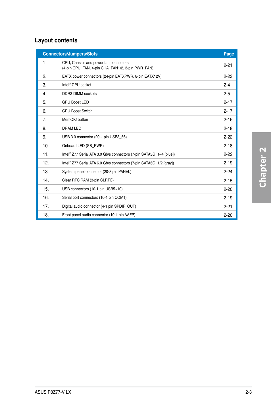 Chapter 2, Layout contents | Asus P8Z77-V LX User Manual | Page 23 / 144