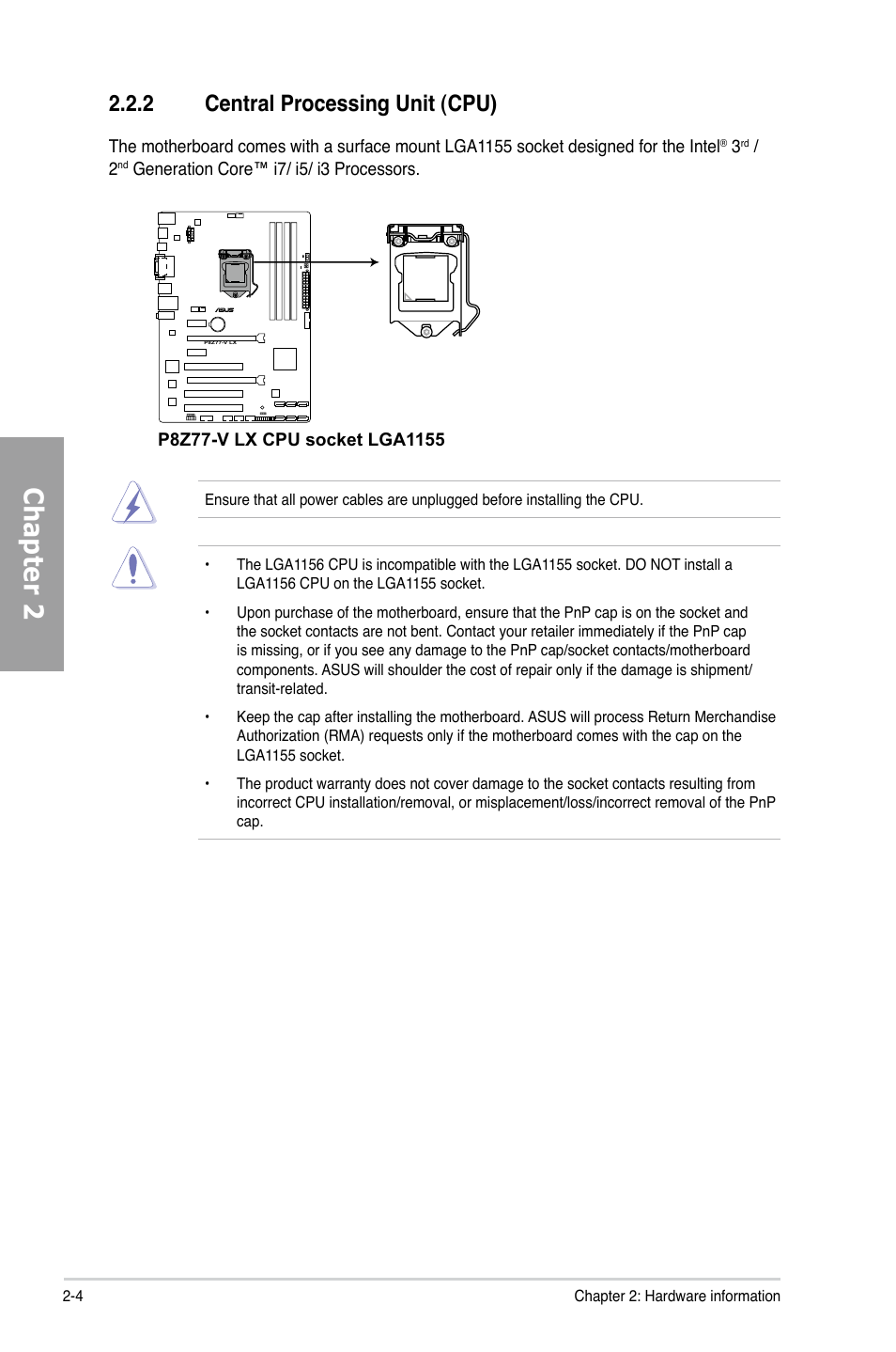 2 central processing unit (cpu), Central processing unit (cpu) -4, Chapter 2 | Asus P8Z77-V LX User Manual | Page 24 / 144