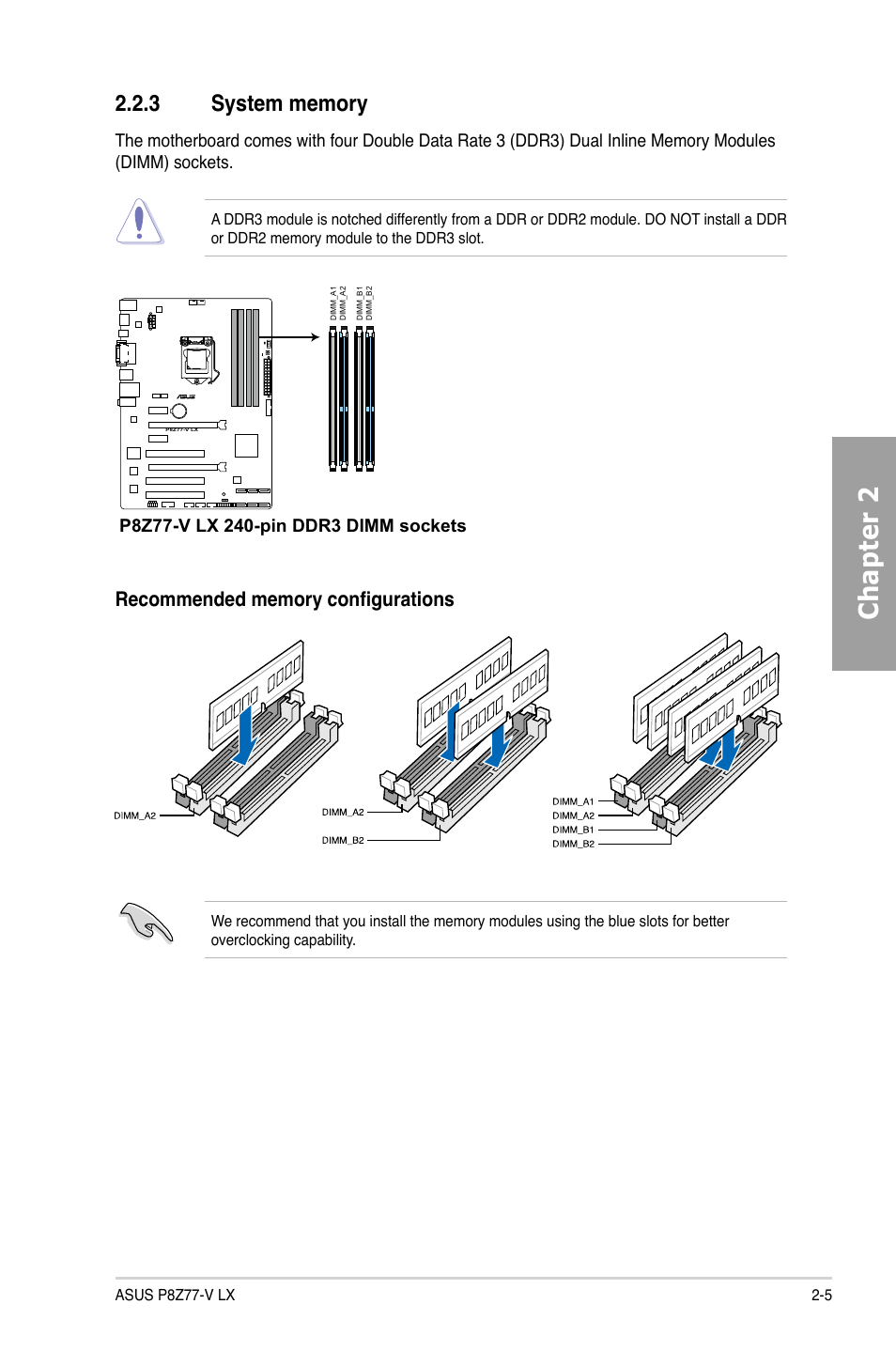 3 system memory, System memory -5, Chapter 2 | Asus P8Z77-V LX User Manual | Page 25 / 144