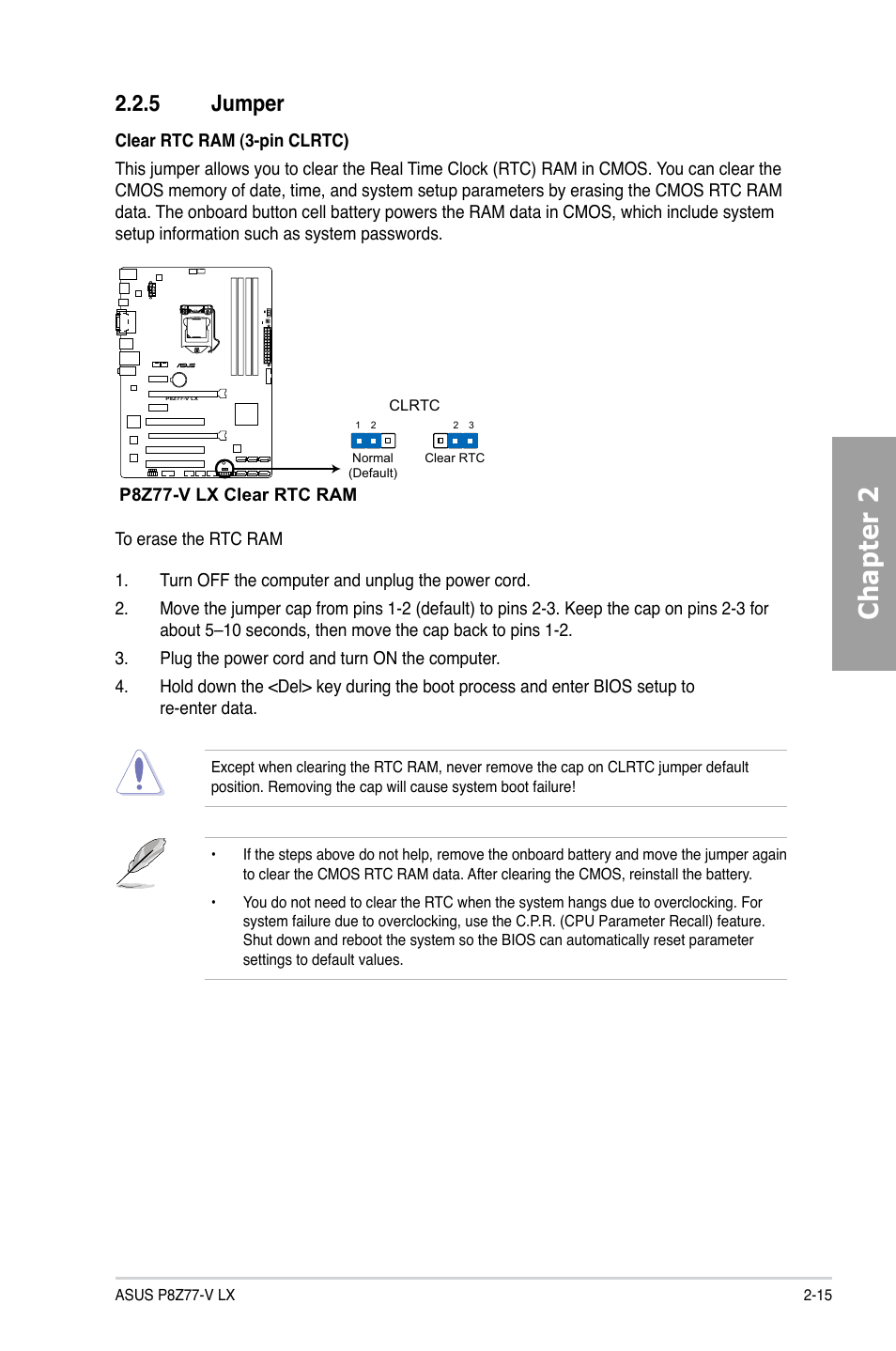 5 jumper, Jumper -15, Chapter 2 | Asus P8Z77-V LX User Manual | Page 35 / 144