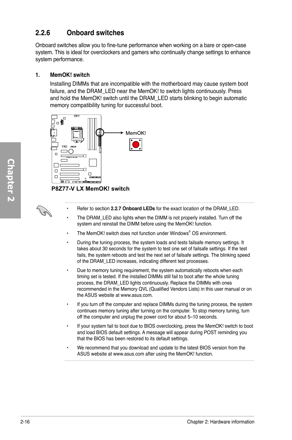 6 onboard switches, Onboard switches -16, Chapter 2 | Asus P8Z77-V LX User Manual | Page 36 / 144