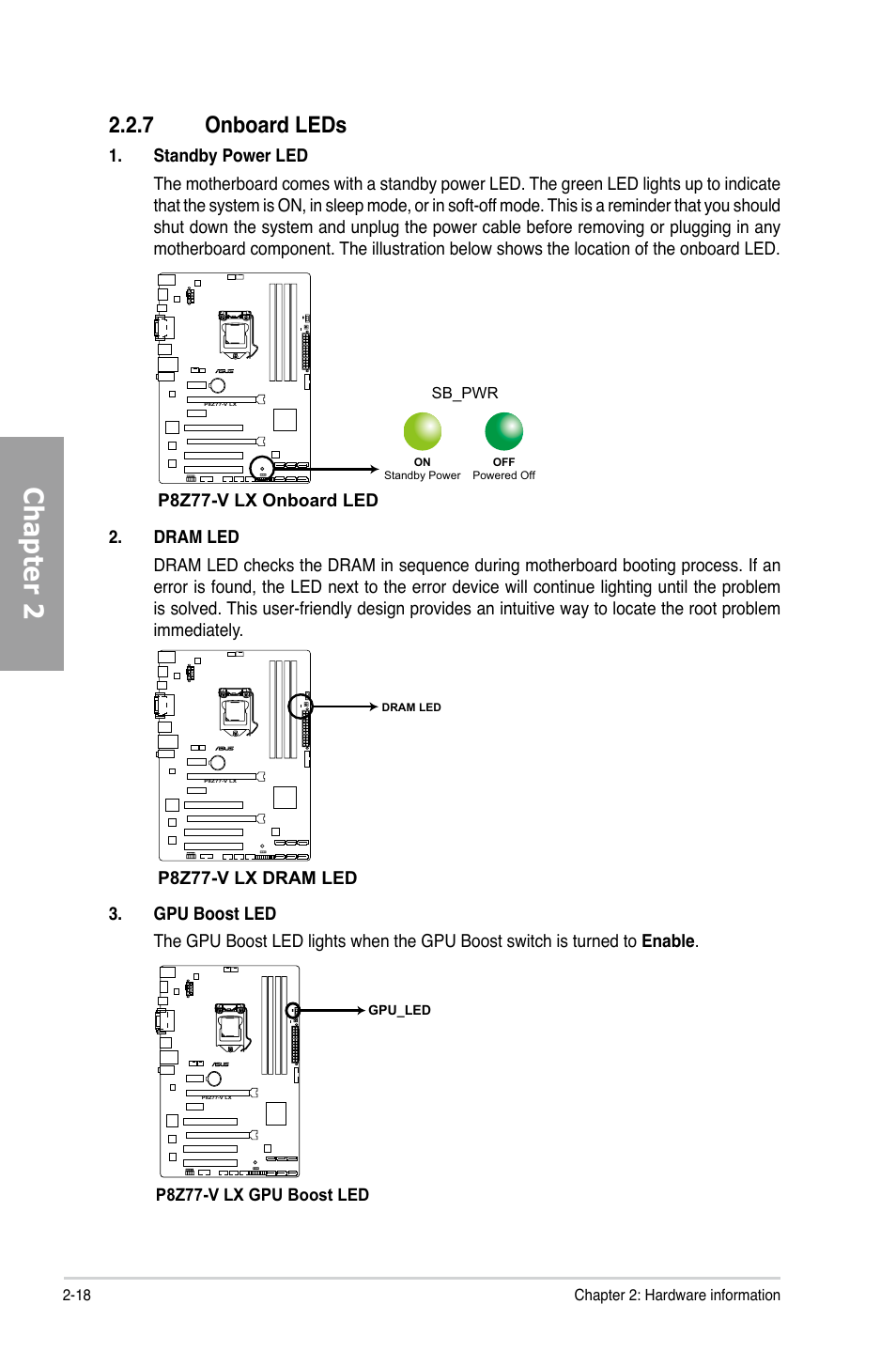 7 onboard leds, Onboard leds -18, Chapter 2 | Asus P8Z77-V LX User Manual | Page 38 / 144