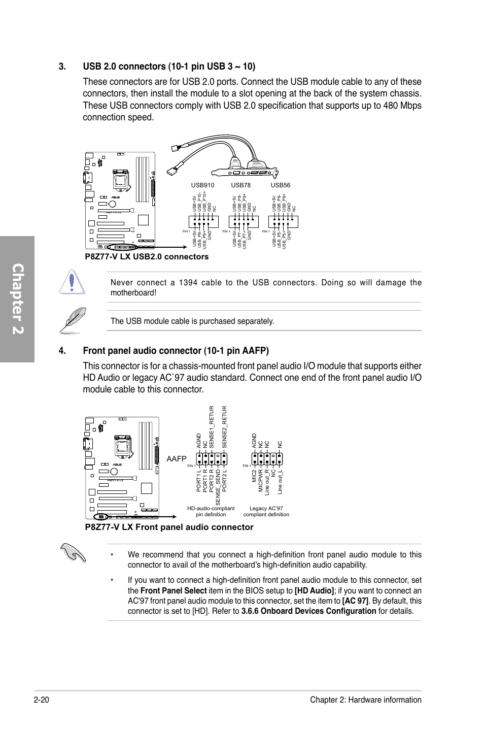 Chapter 2, P8z77-v lx front panel audio connector, 20 chapter 2: hardware information | Asus P8Z77-V LX User Manual | Page 40 / 144