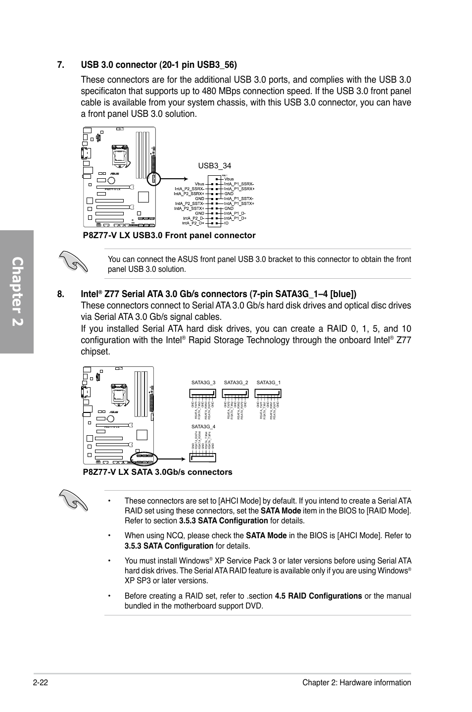 Chapter 2, Intel, Rapid storage technology through the onboard intel | Z77 chipset, 22 chapter 2: hardware information, Usb3_34 | Asus P8Z77-V LX User Manual | Page 42 / 144