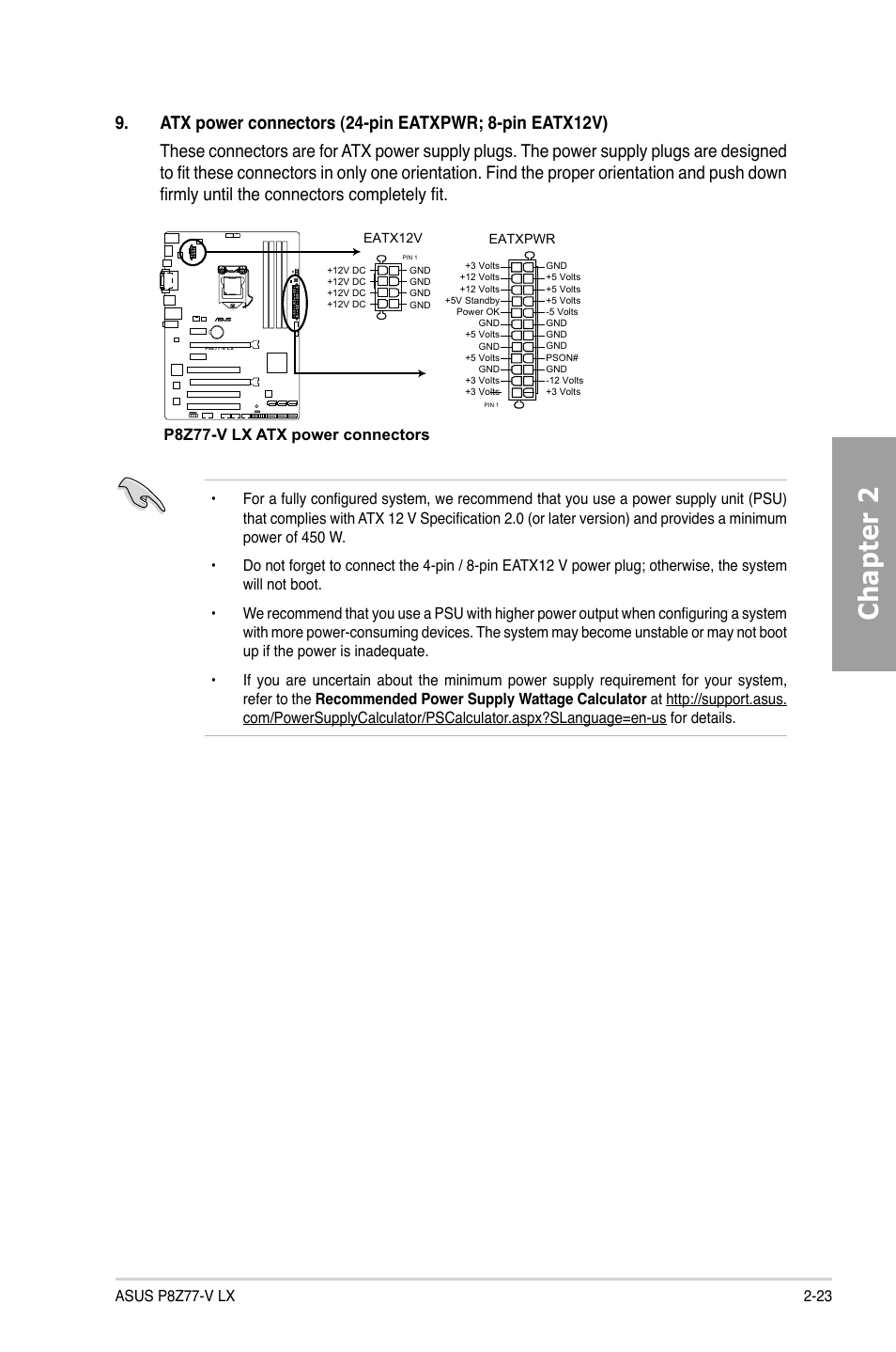 Chapter 2, P8z77-v lx atx power connectors | Asus P8Z77-V LX User Manual | Page 43 / 144