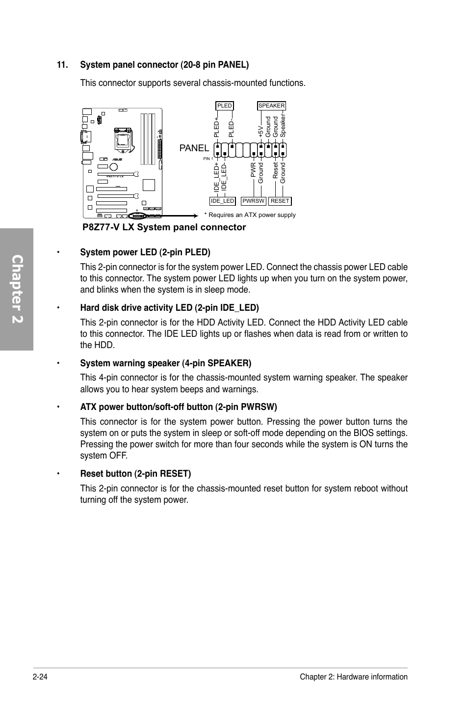 Chapter 2, P8z77-v lx system panel connector, Panel | Asus P8Z77-V LX User Manual | Page 44 / 144