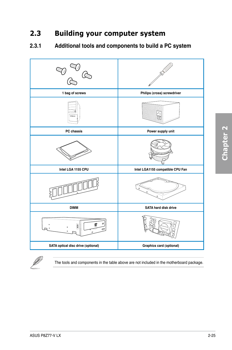 3 building your computer system, Building your computer system -25 2.3.1, Chapter 2 2.3 building your computer system | Asus P8Z77-V LX User Manual | Page 45 / 144