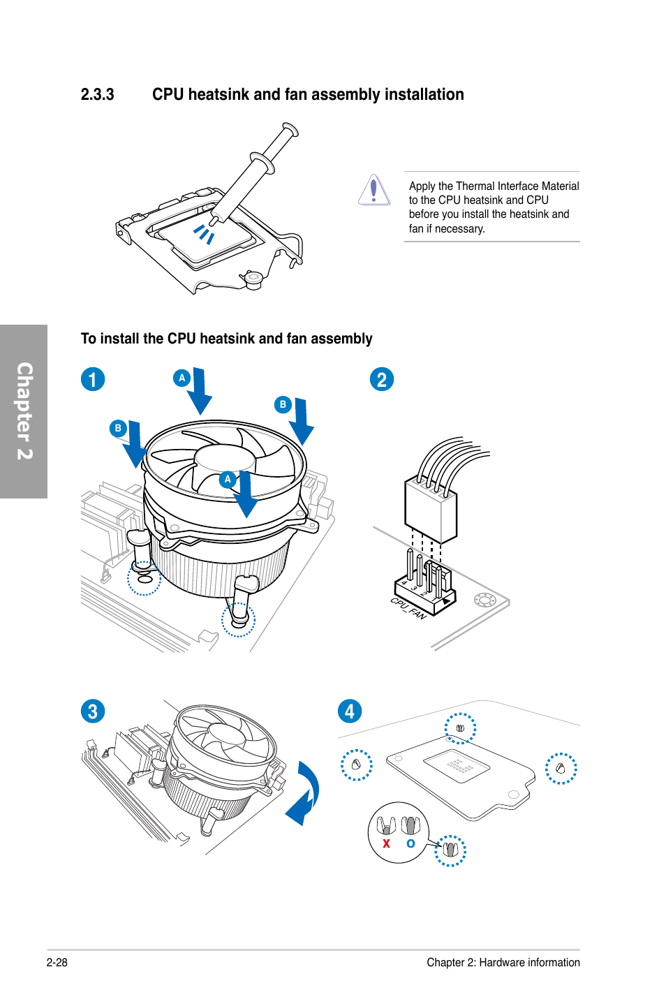 3 cpu heatsink and fan assembly installation, Cpu heatsink and fan assembly installation -28, Chapter 2 | Asus P8Z77-V LX User Manual | Page 48 / 144