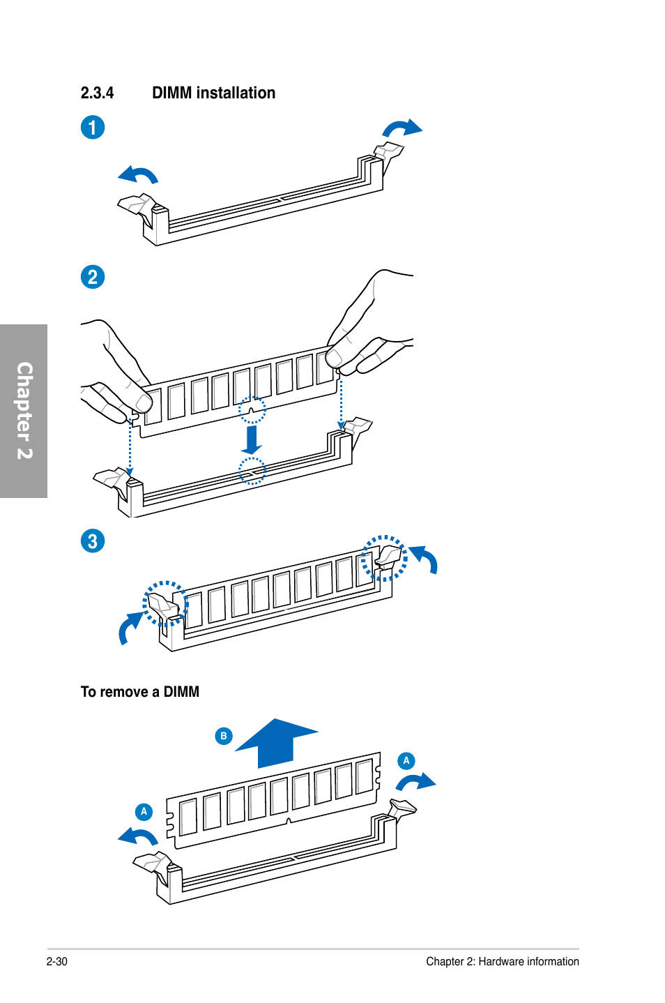 4 dimm installation, Dimm installation -30, Chapter 2 1 2 3 | Asus P8Z77-V LX User Manual | Page 50 / 144