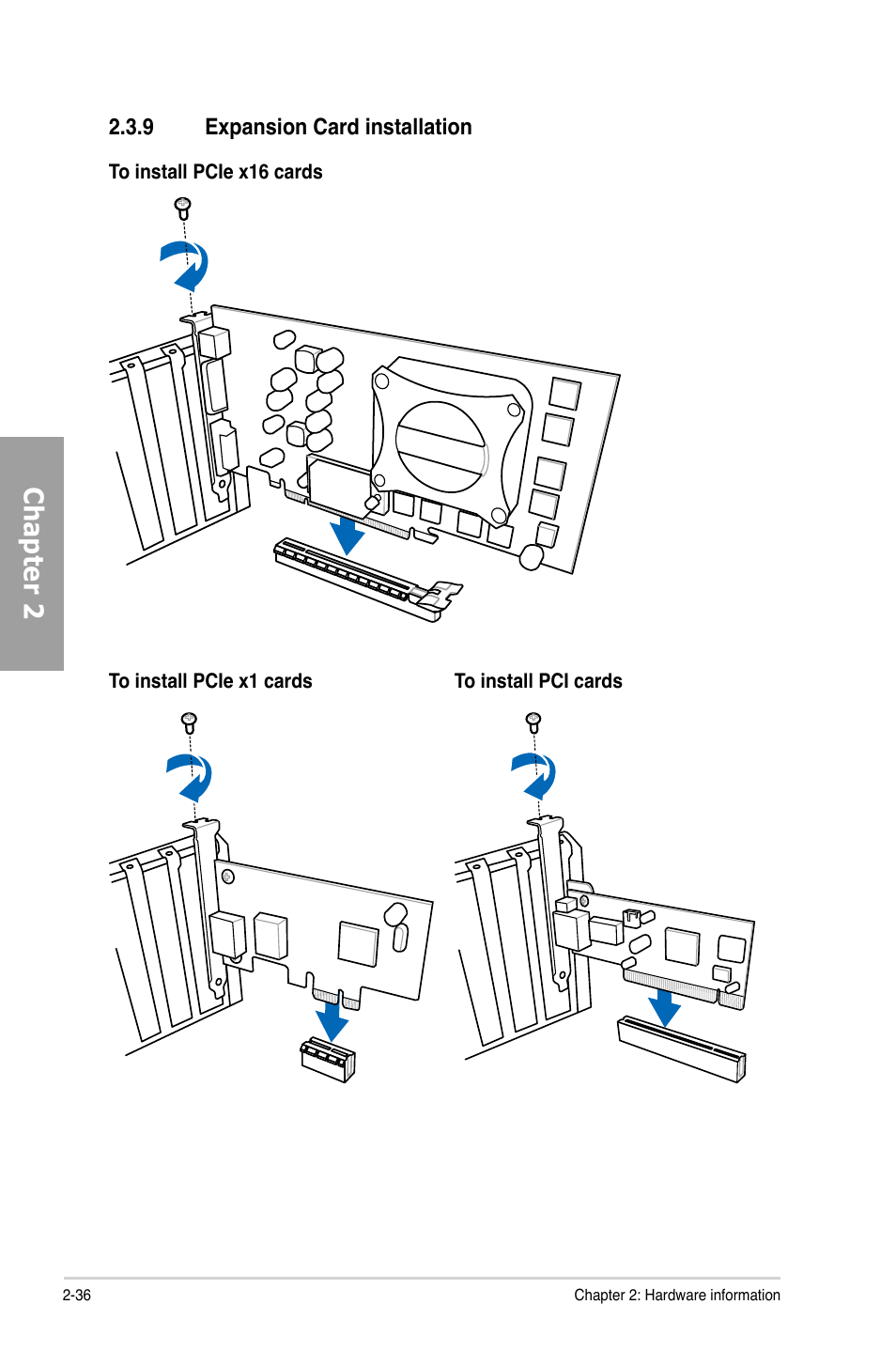 9 expansion card installation, Expansion card installation -36, Chapter 2 | Asus P8Z77-V LX User Manual | Page 56 / 144