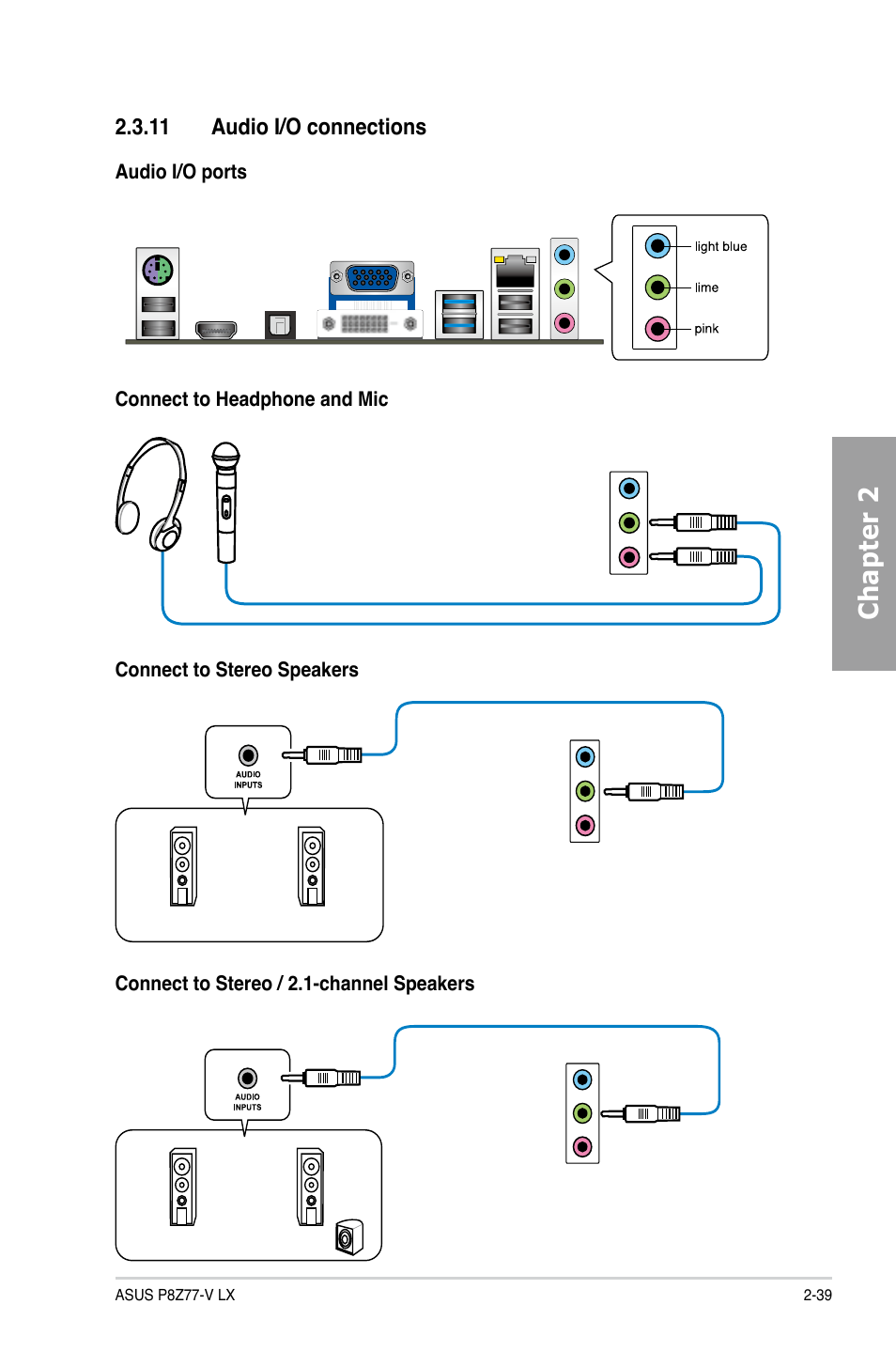 11 audio i/o connections, Audio i/o connections -39, Chapter 2 | Asus P8Z77-V LX User Manual | Page 59 / 144