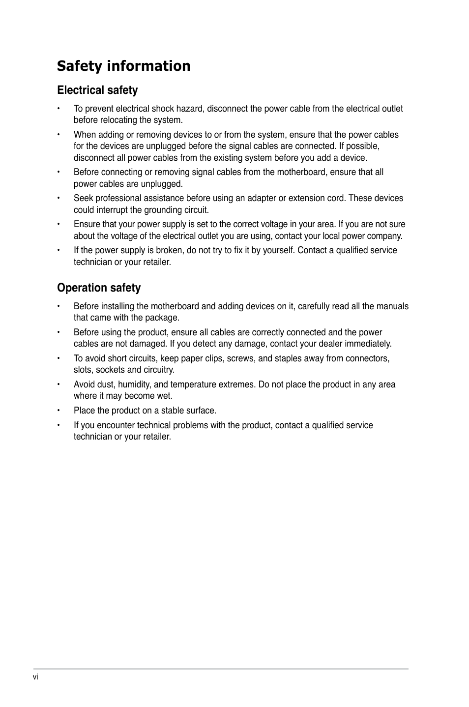 Safety information, Electrical safety, Operation safety | Asus P8Z77-V LX User Manual | Page 6 / 144