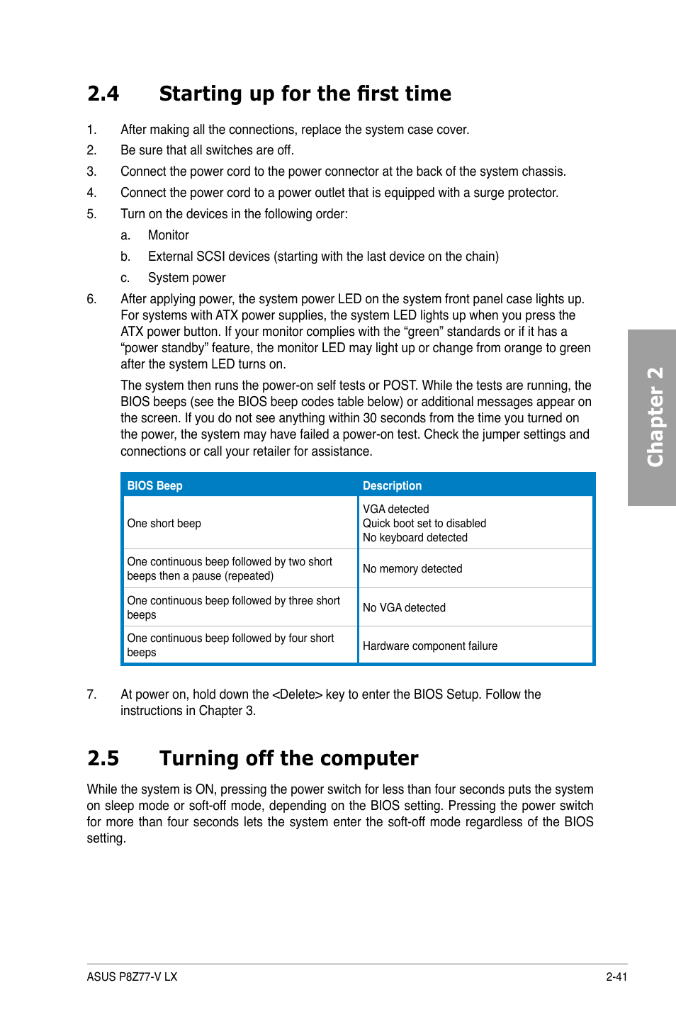 4 starting up for the first time, 5 turning off the computer, Starting up for the first time -41 | Turning off the computer -41, Chapter 2 2.4 starting up for the first time | Asus P8Z77-V LX User Manual | Page 61 / 144