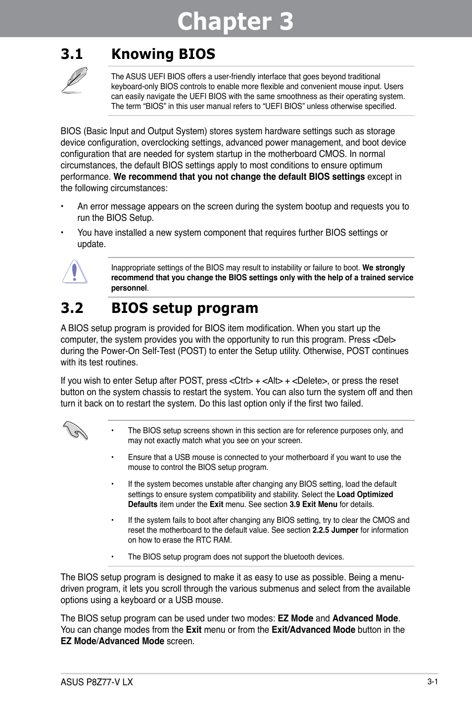 Chapter 3: bios setup, 1 knowing bios, 2 bios setup program | Chapter 3, Bios setup, Knowing bios -1, Bios setup program -1 | Asus P8Z77-V LX User Manual | Page 63 / 144