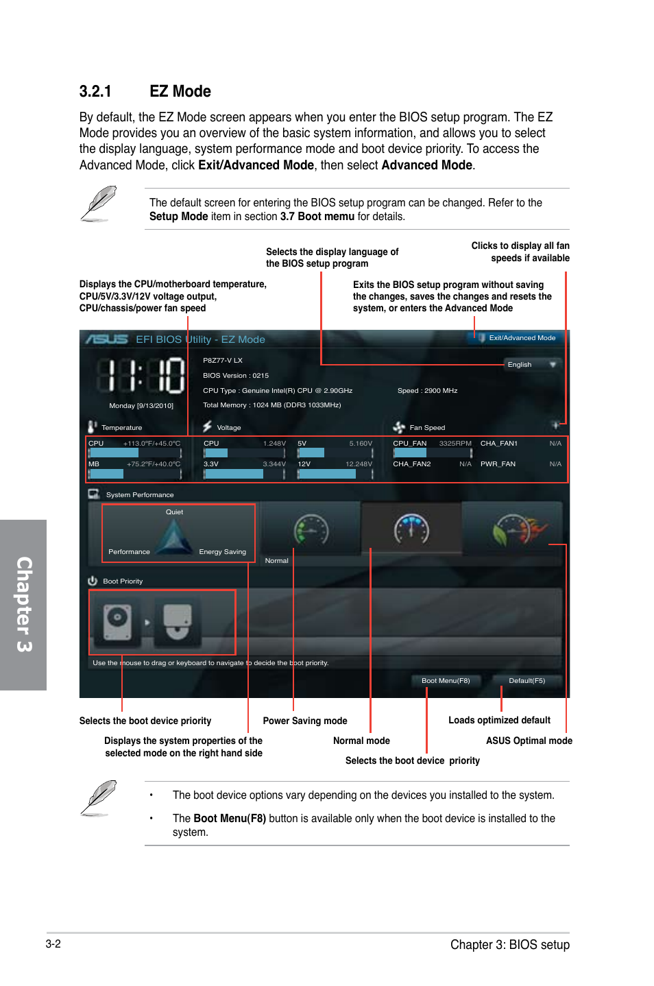 1 ez mode, Ez mode -2, Chapter 3 | Chapter 3: bios setup | Asus P8Z77-V LX User Manual | Page 64 / 144